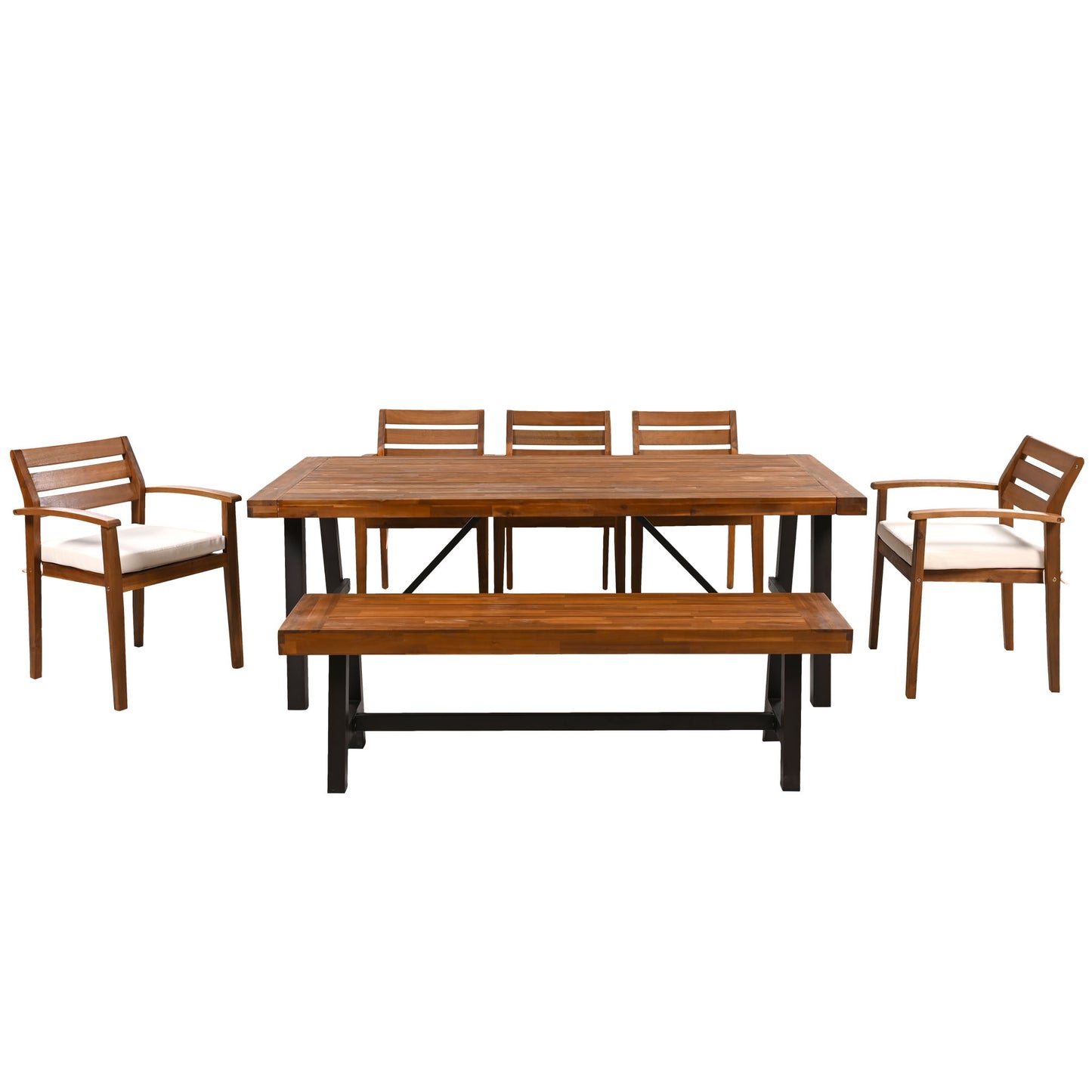Wooden dining table set with  chairs and bench in natural wood finish