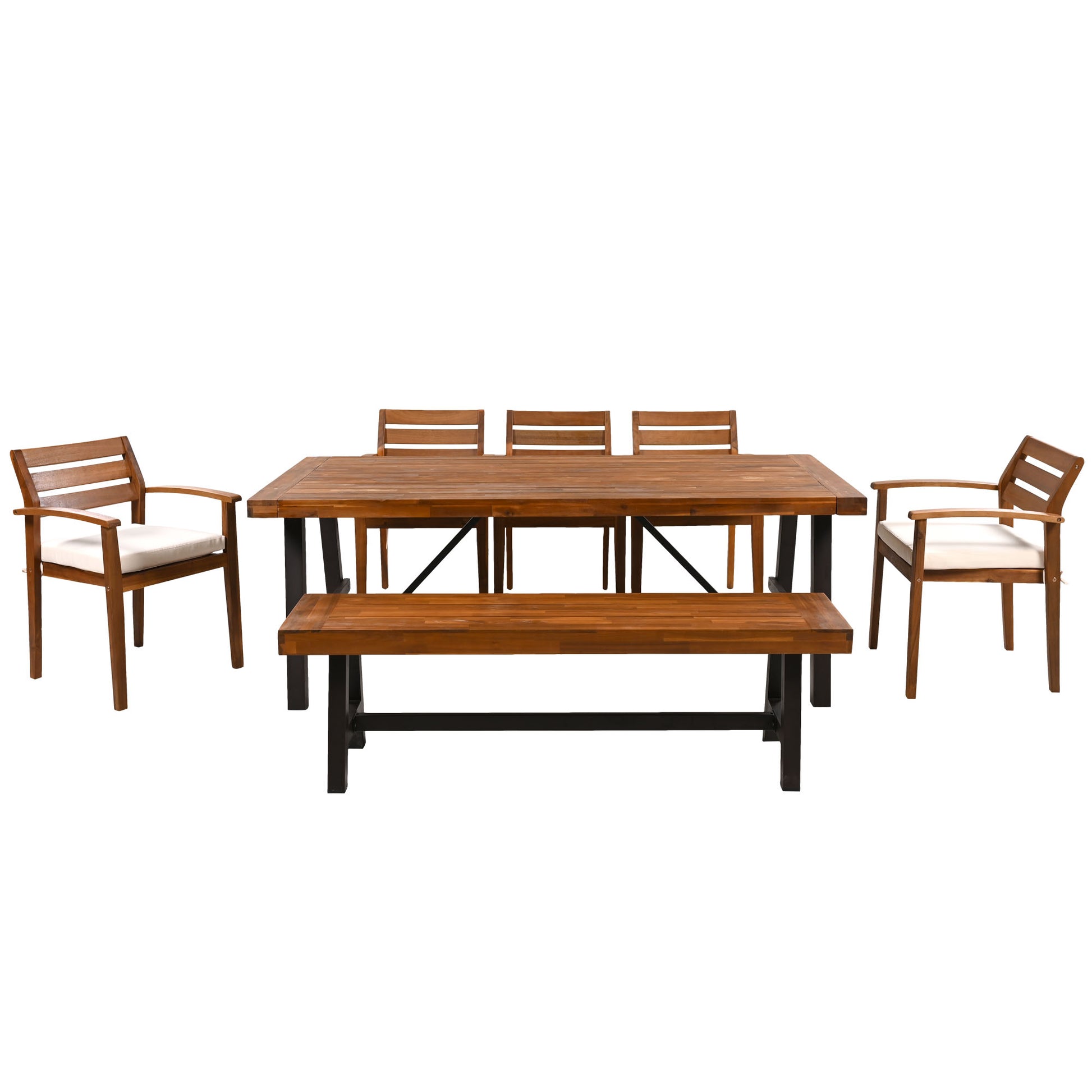 Wooden dining table set with  chairs and bench in natural wood finish