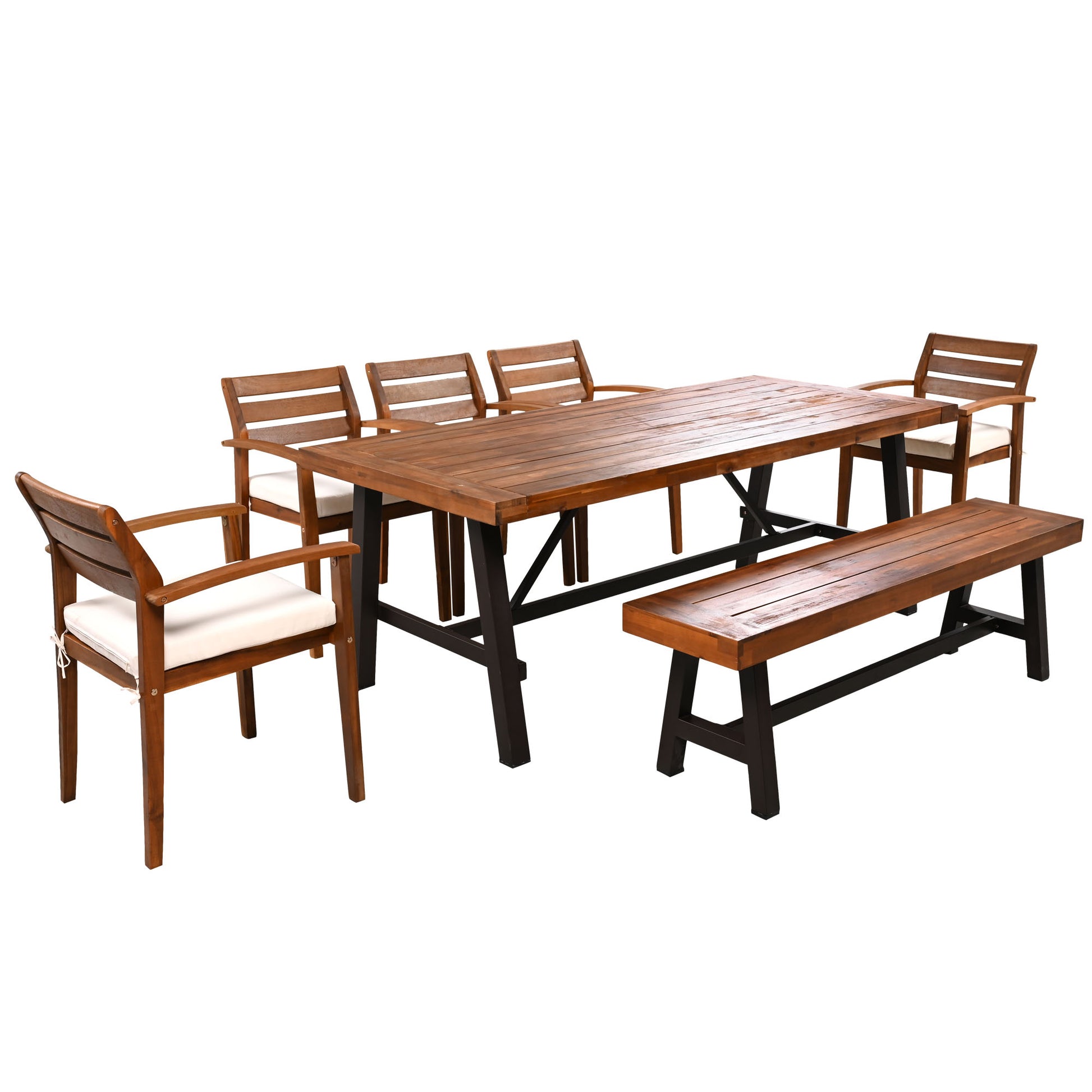 Acacia wood dining set with six chairs and bench