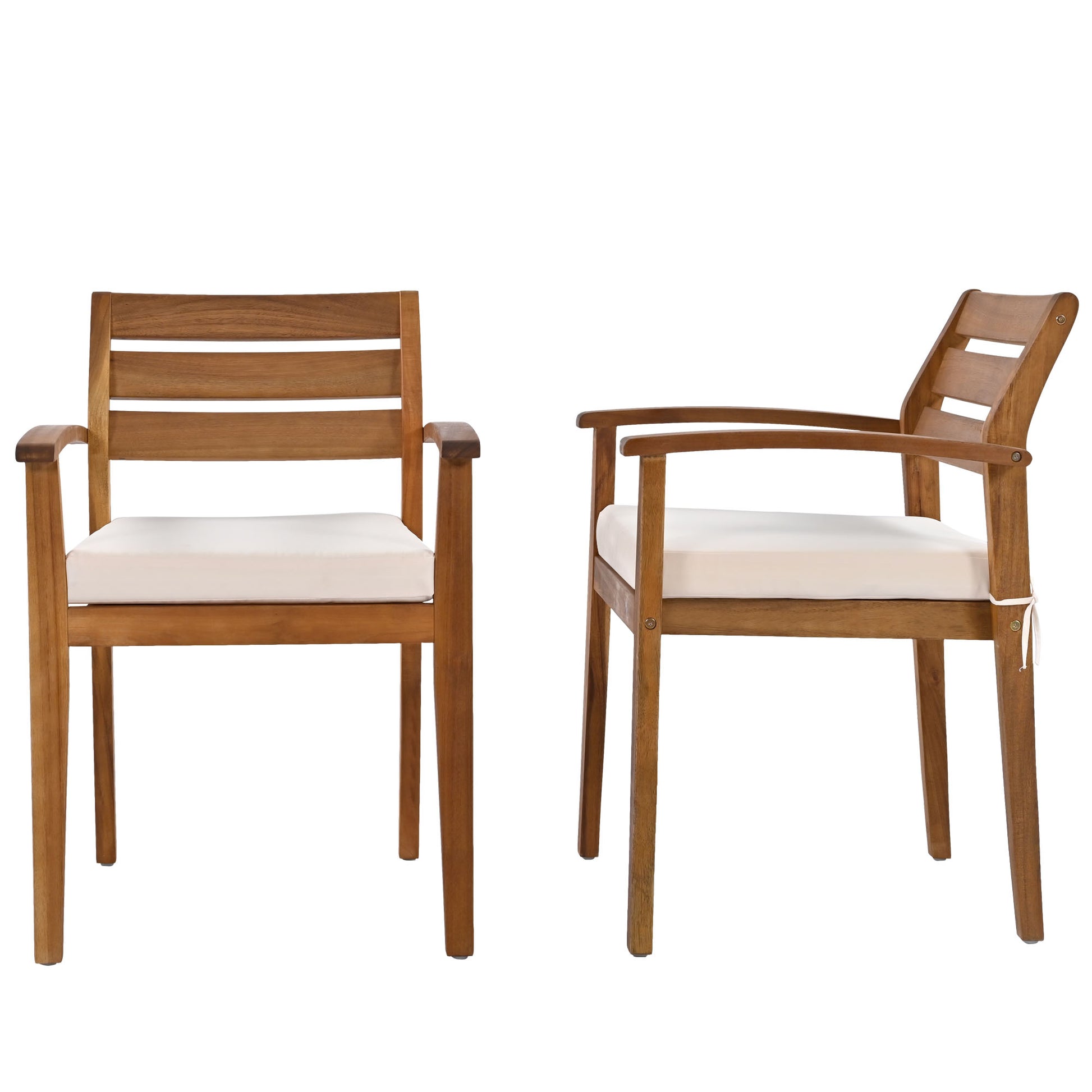 Wooden armchair with slatted back and offwhite cushion