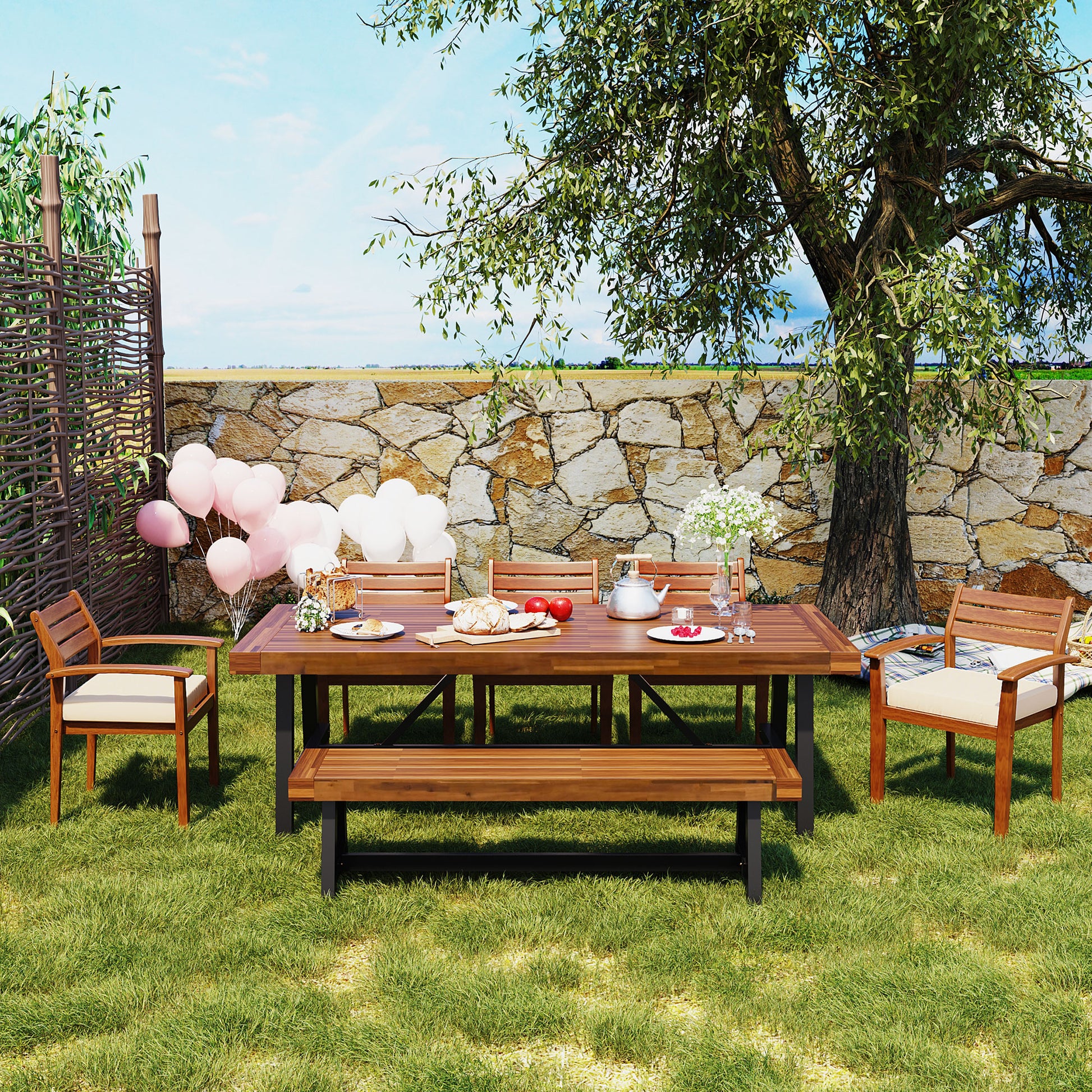 Wooden picnic table with upholstered chairs and bench set for outdoor dining