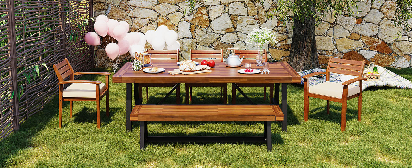 Wooden outdoor dining set with chairs and bench