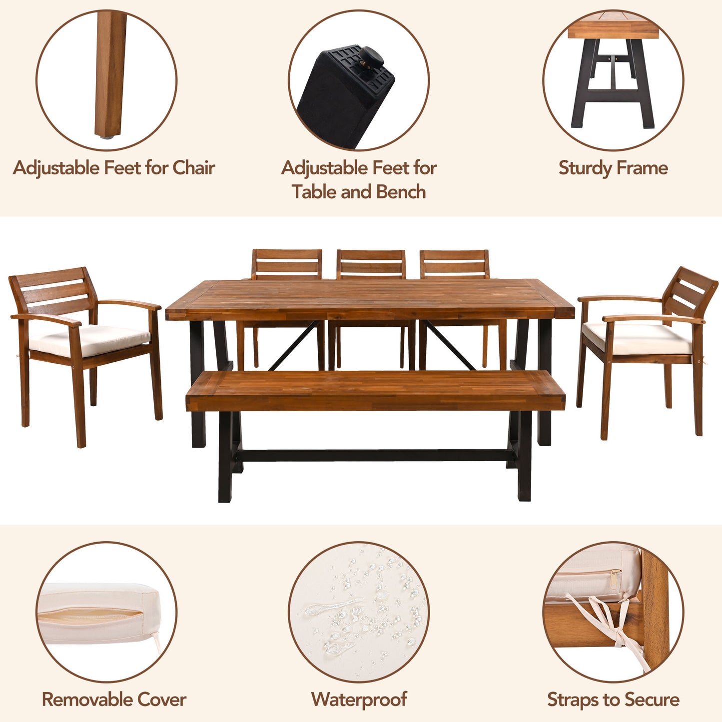 Wooden dining set with adjustable feet for chairs and bench