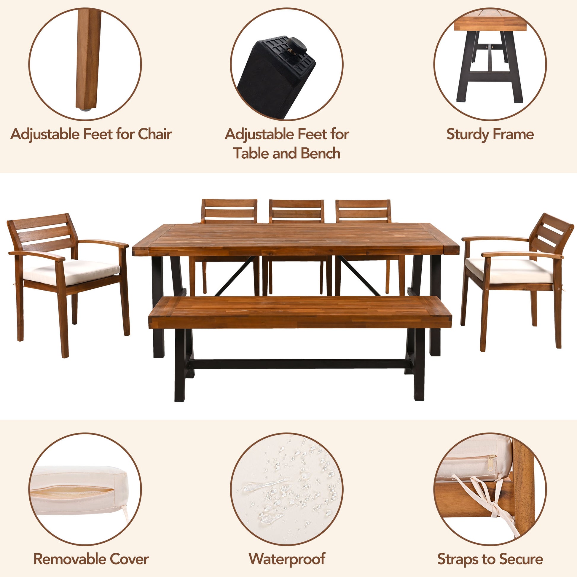 Wooden dining set with adjustable feet for chairs and bench