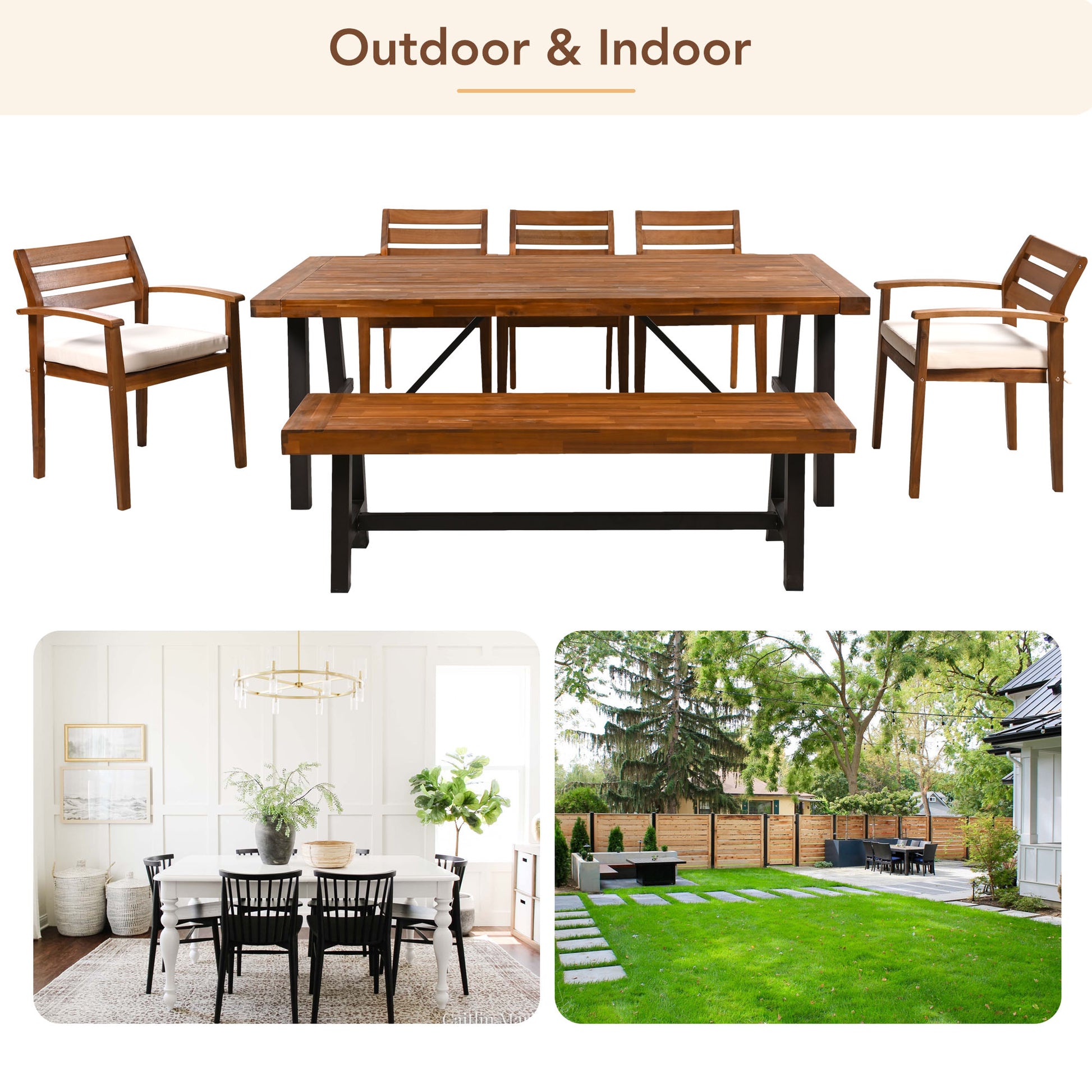 Wooden outdoor dining set with bench