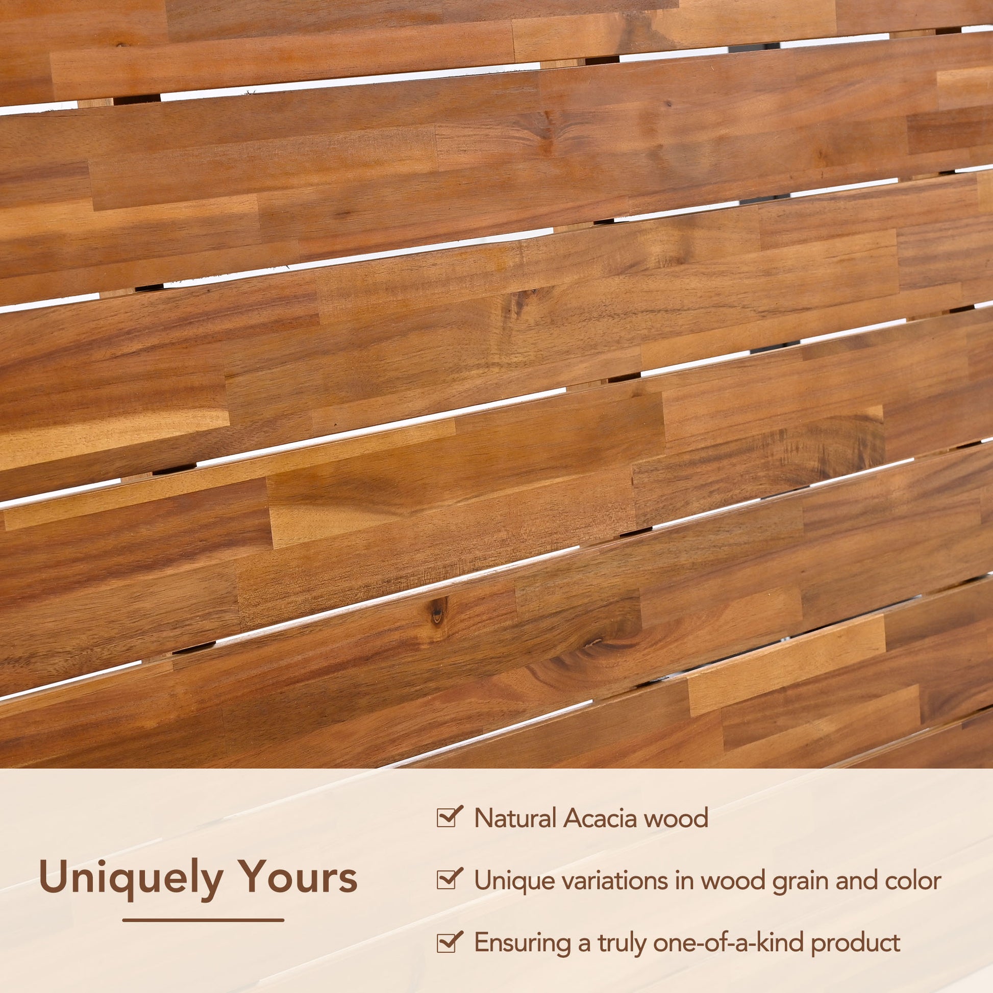 Natural Acacia wood slats with unique grain patterns