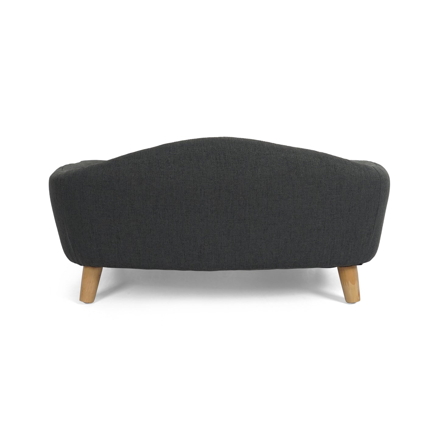 Dark gray fabric armchair with curved back and tapered wooden legs