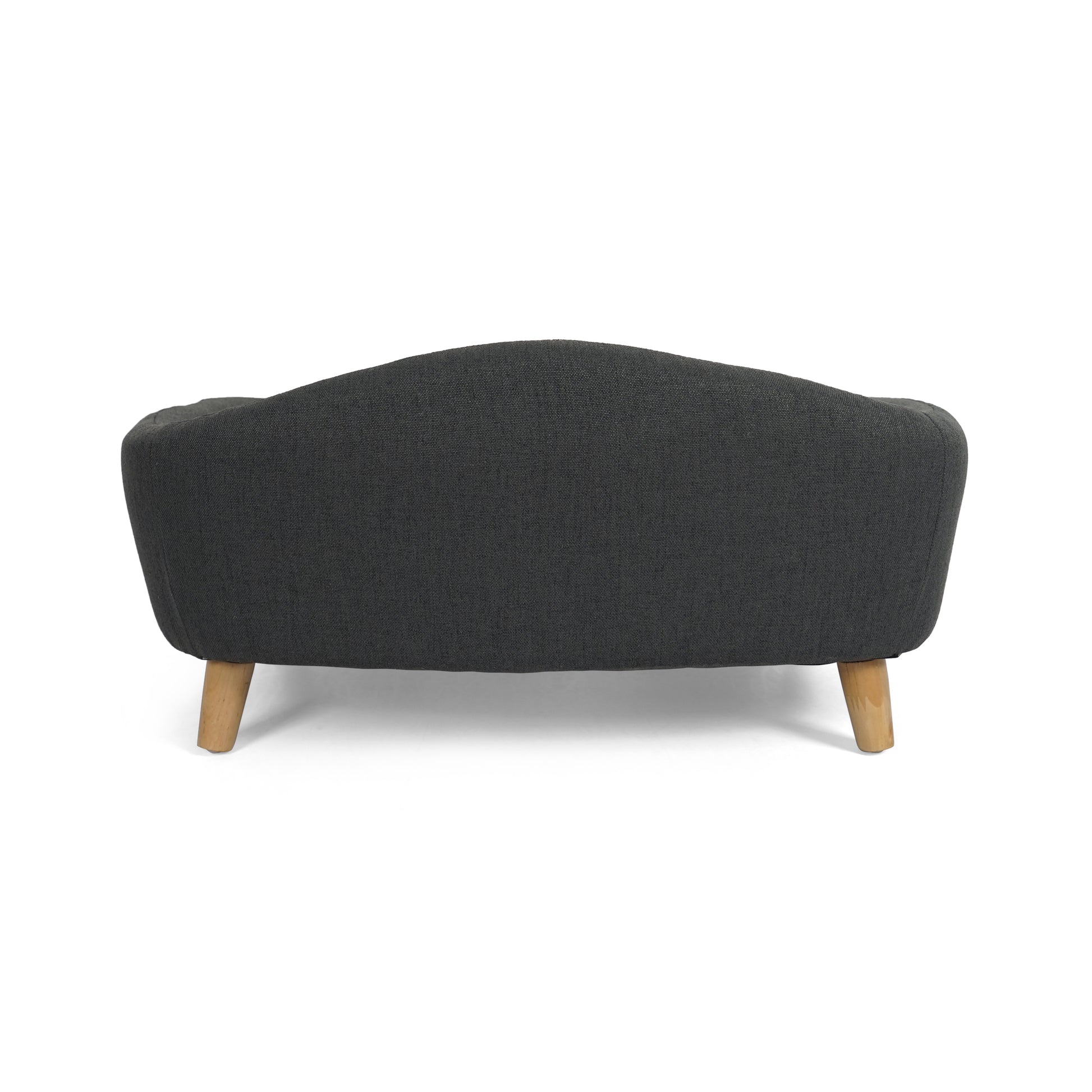 Dark gray fabric armchair with curved back and tapered wooden legs
