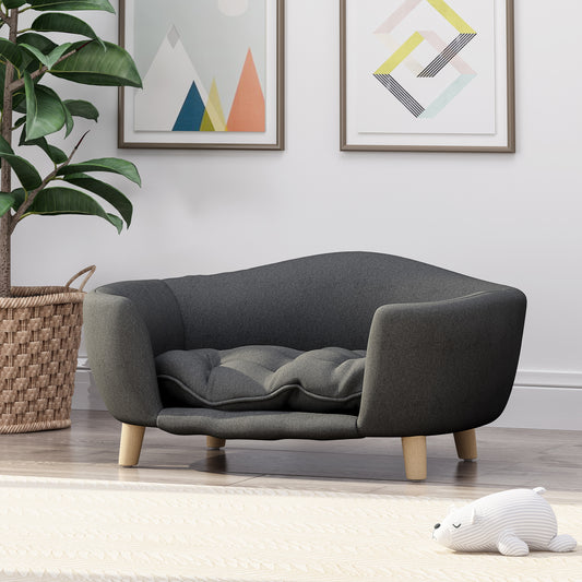 Dark grey fabric pet sofa with plush cushion and wooden legs