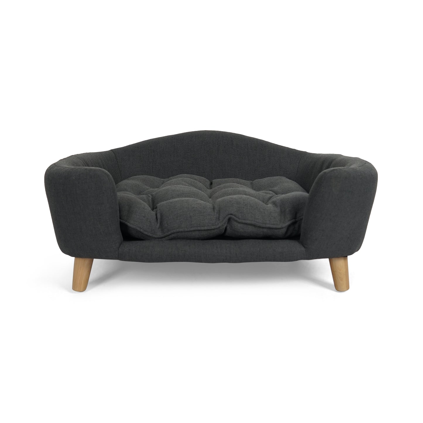 Dark grey fabric pet sofa with tufted cushion and wooden legs