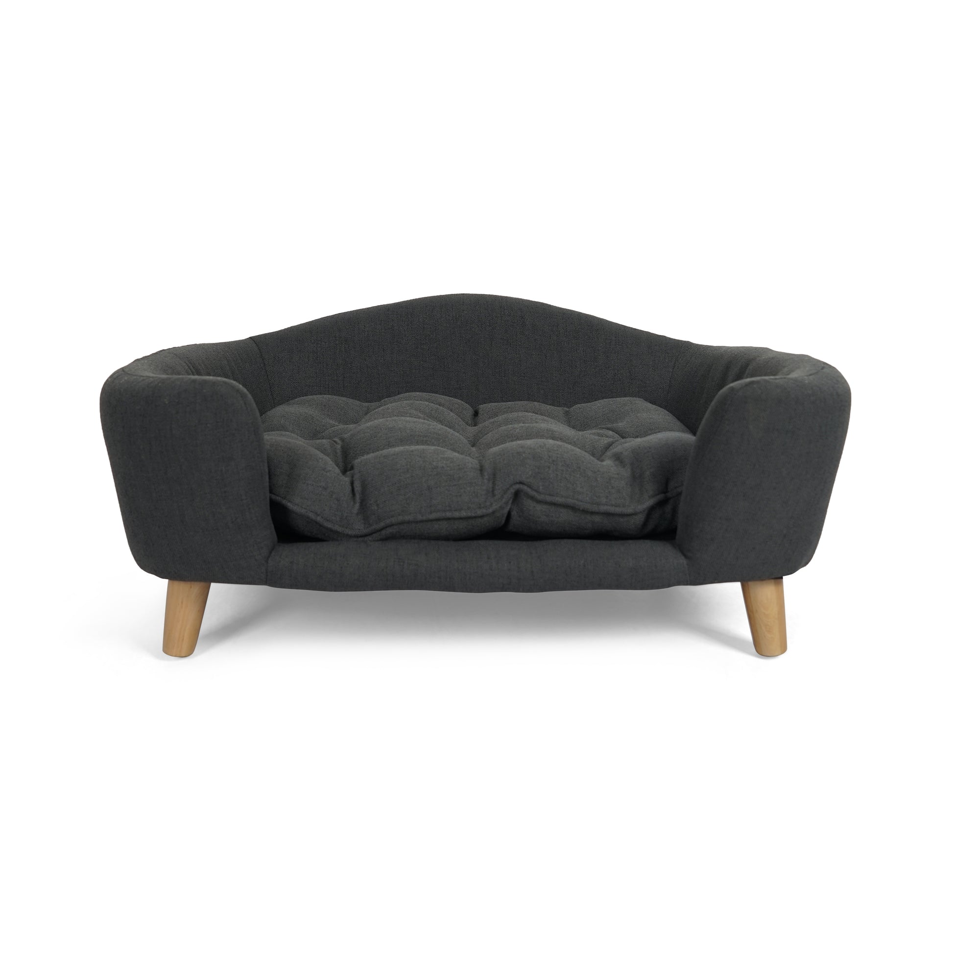 Dark grey fabric pet sofa with tufted cushion and wooden legs