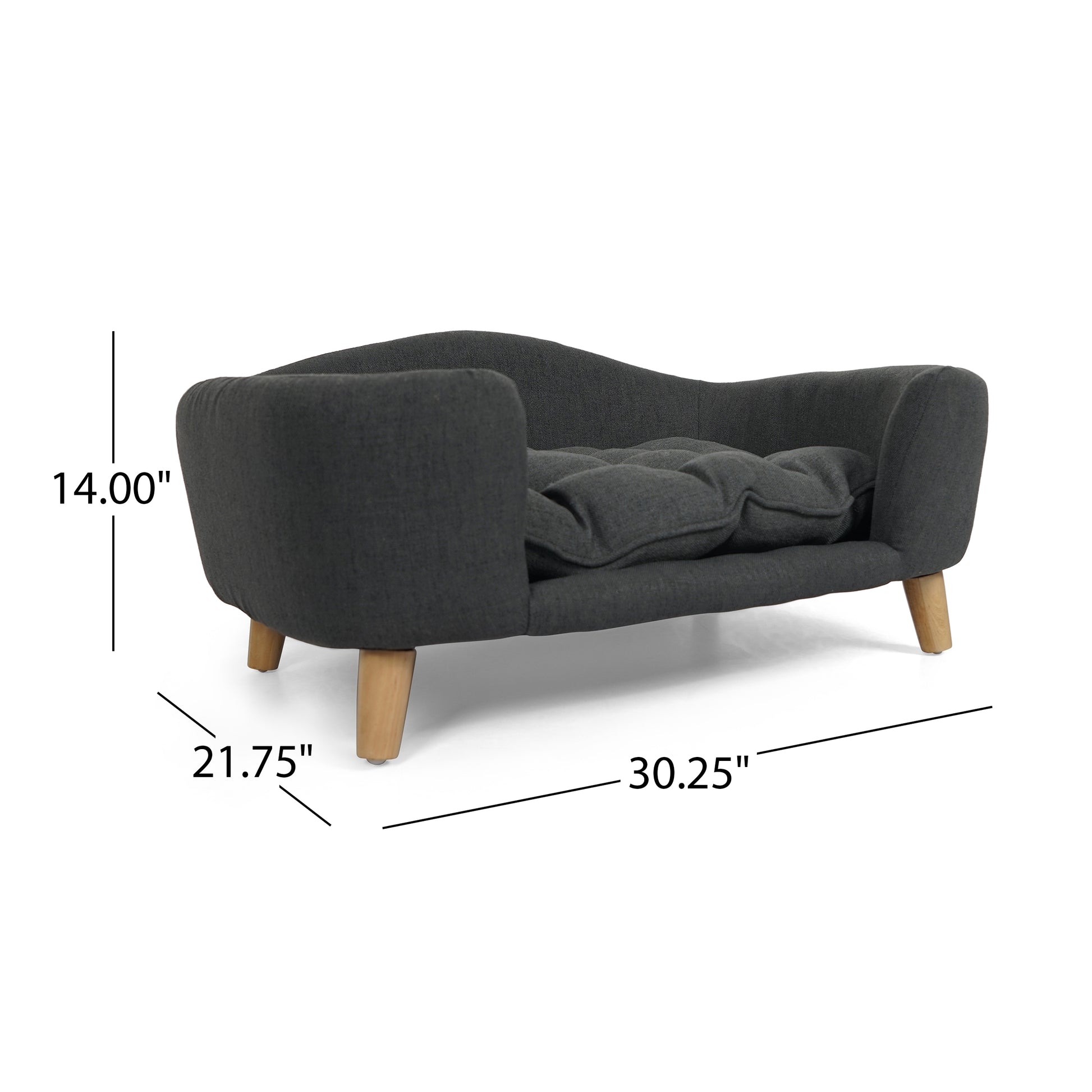 Dark grey tufted fabric dog bed with wooden legs and rolled arms