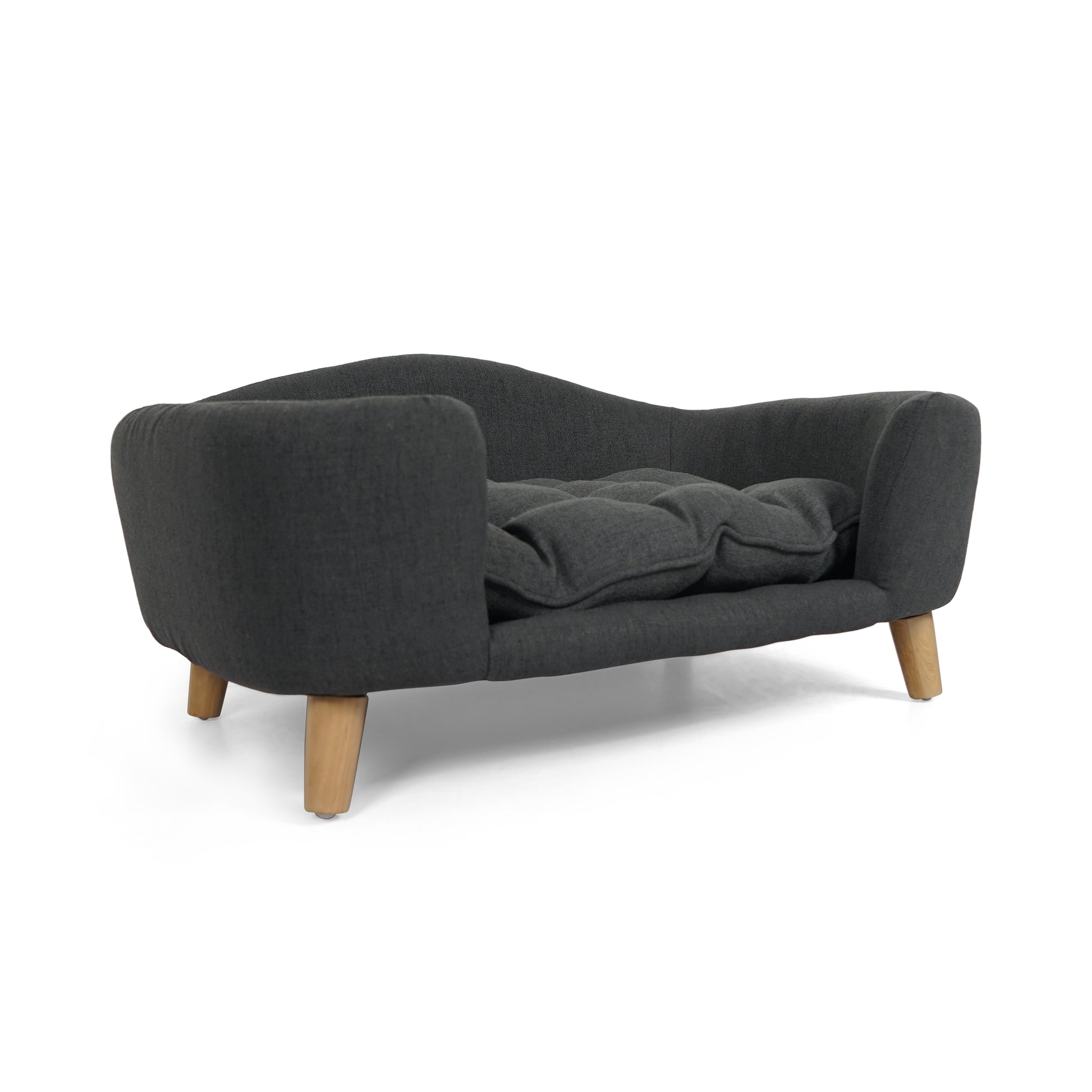 Dark grey fabric dog couch with tufted cushion and wooden legs