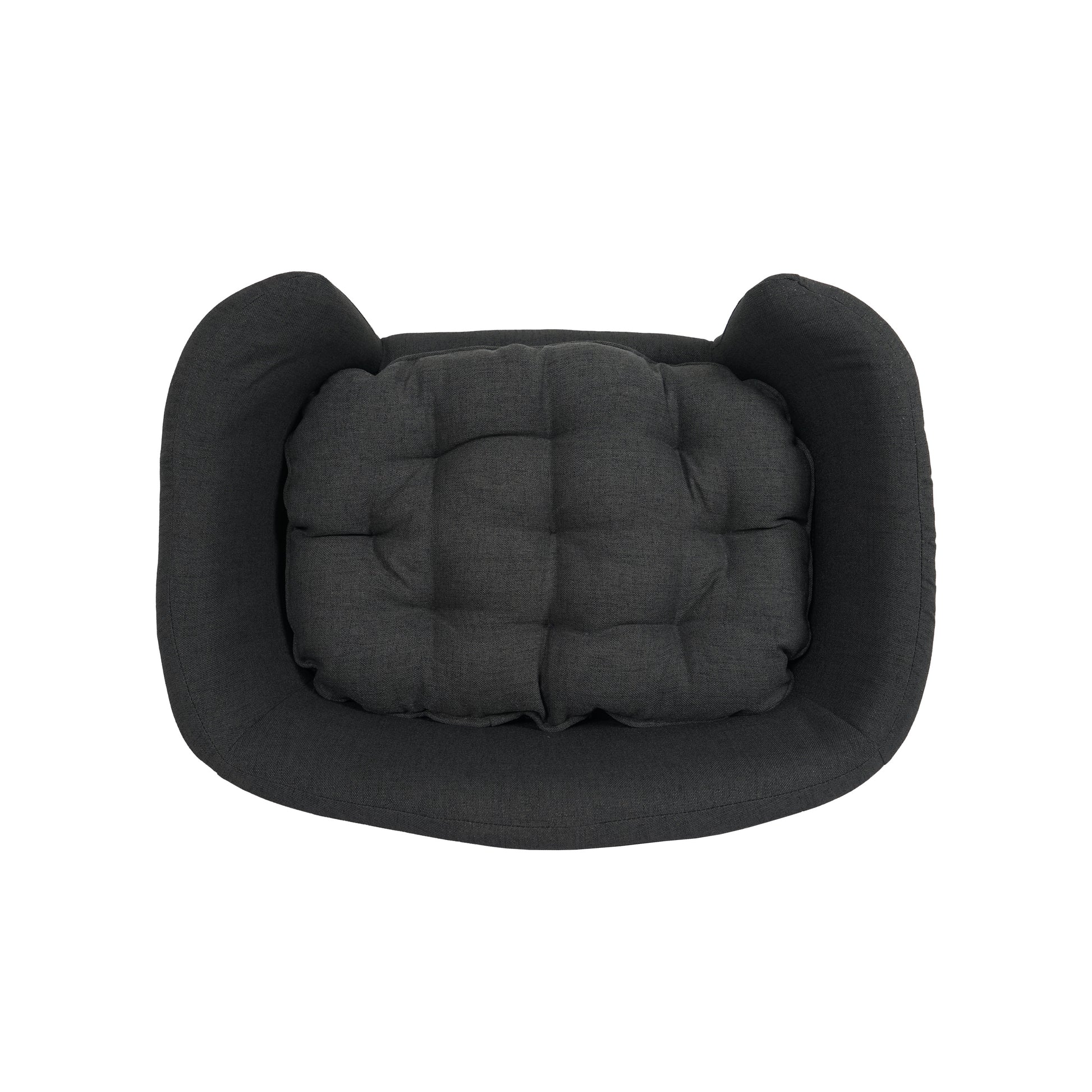 Dark grey tufted dog bed with raised sides for comfort and security