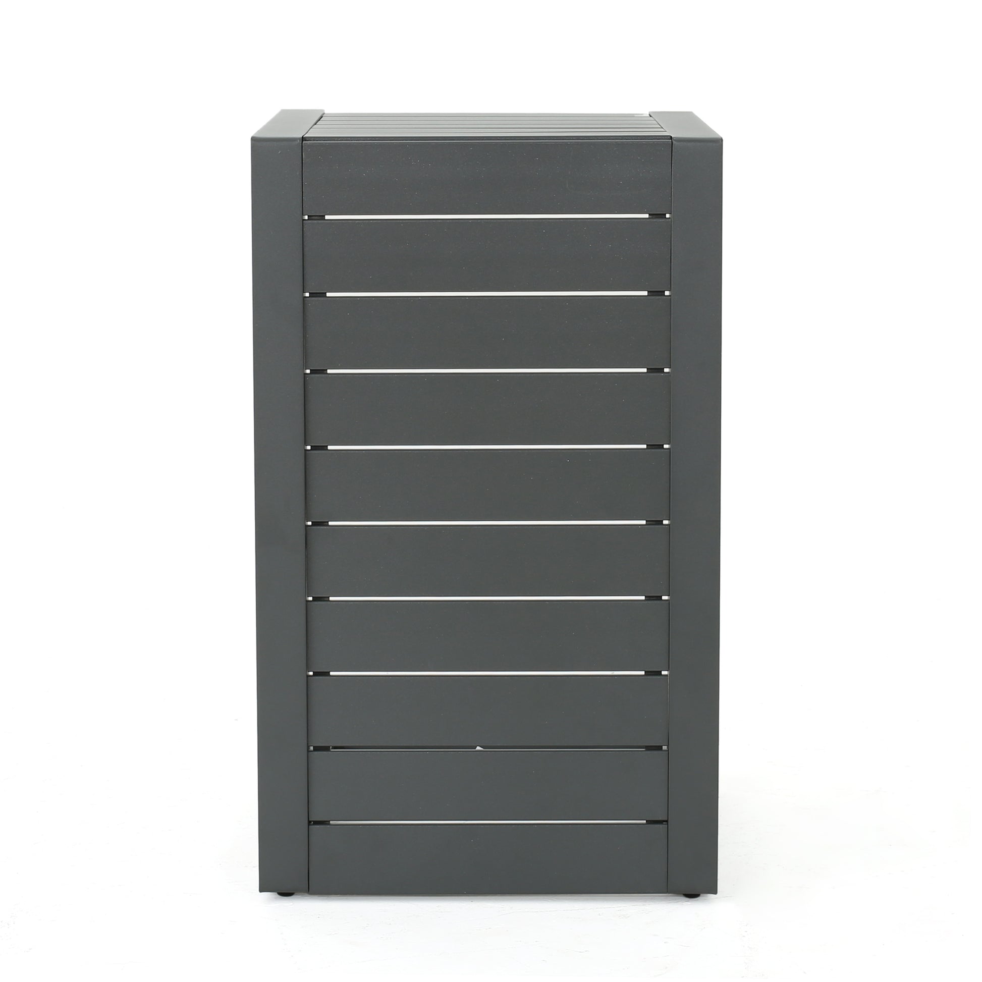 Dark grey modern outdoor storage cabinet with horizontal slatted door