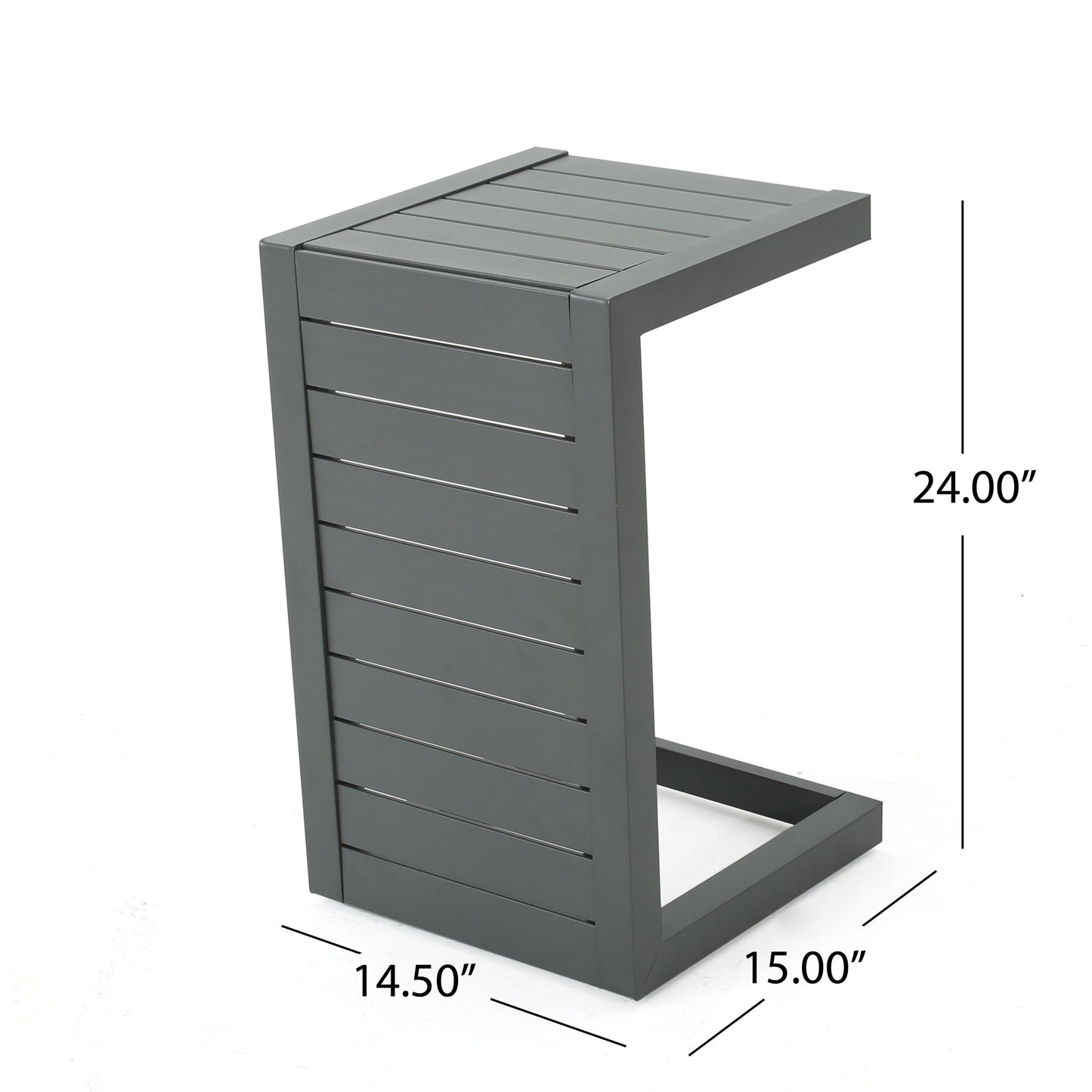 Modern gray aluminum ctable with slatted design for outdoor patio use