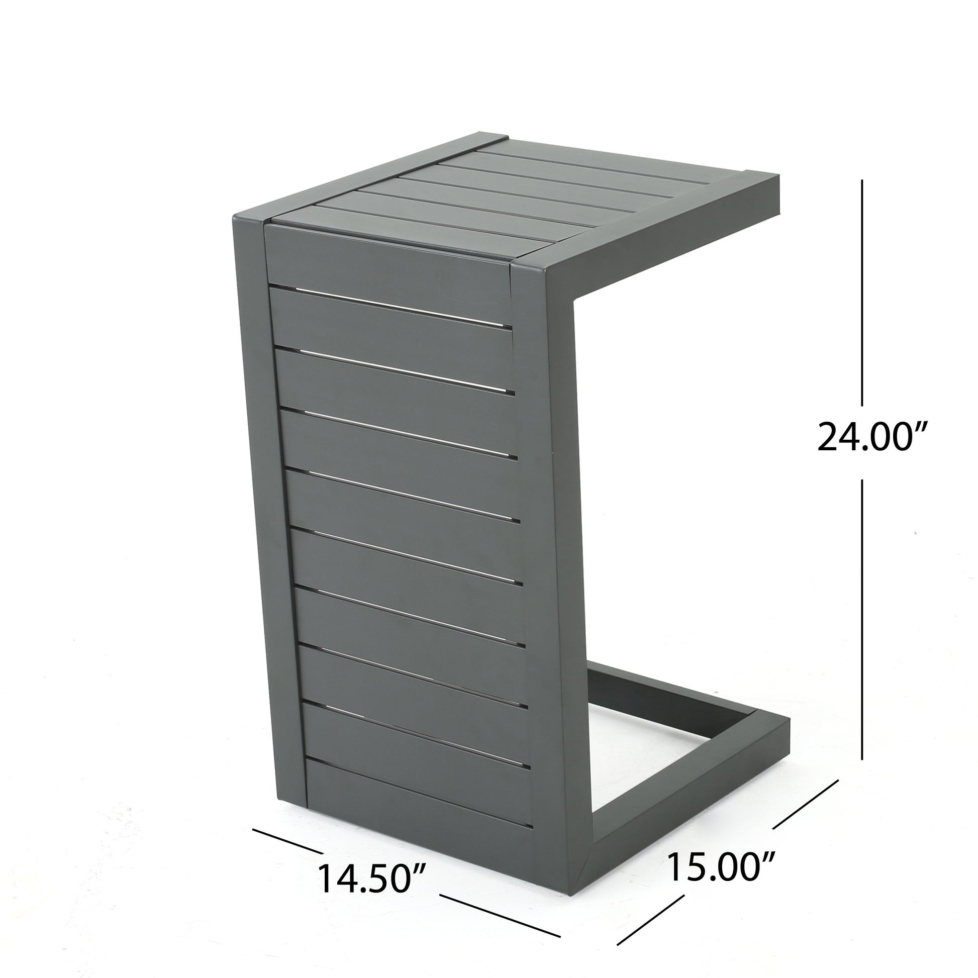 Modern gray aluminum ctable with slatted design for outdoor patio use