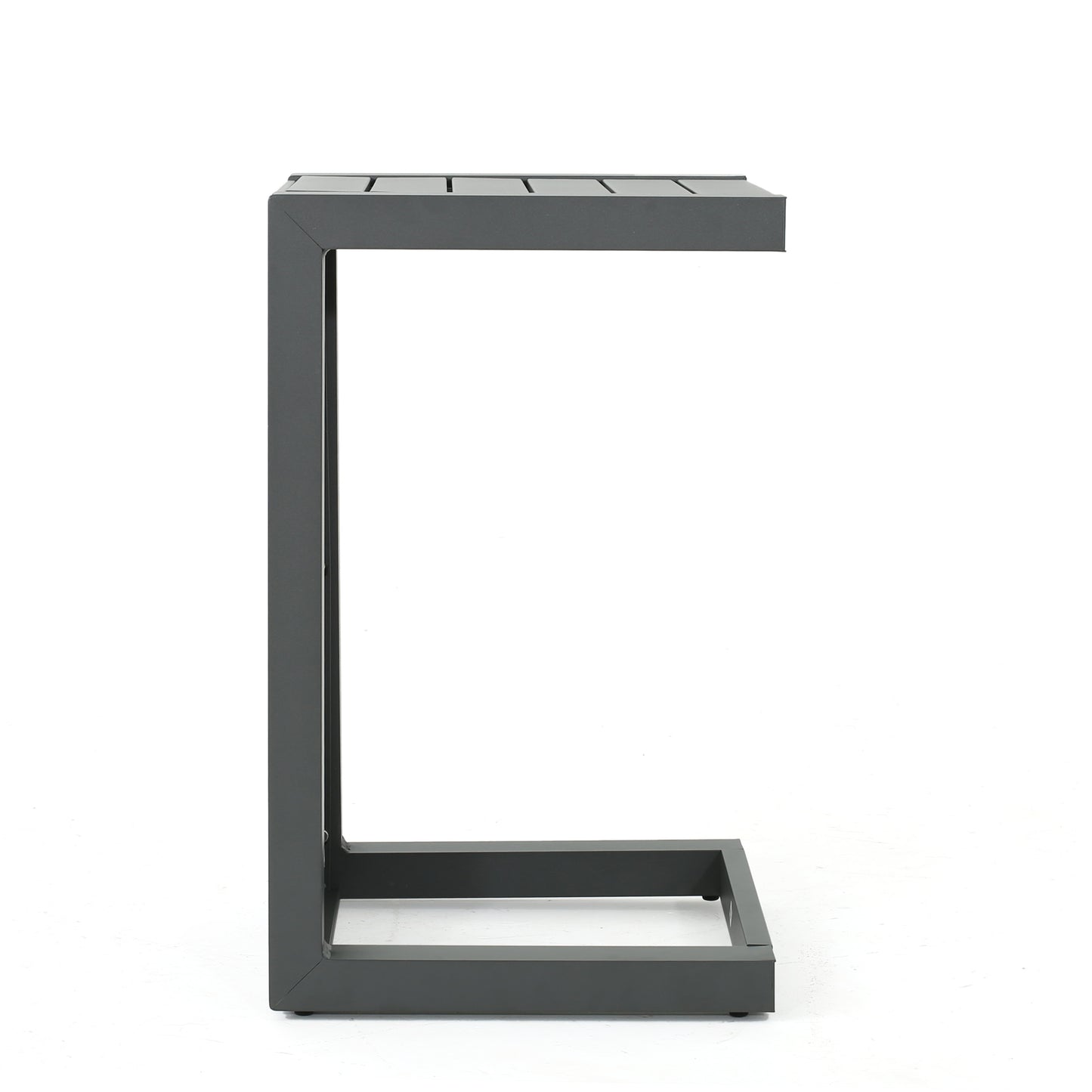 Dark gray modern Cshaped end table with slatted top