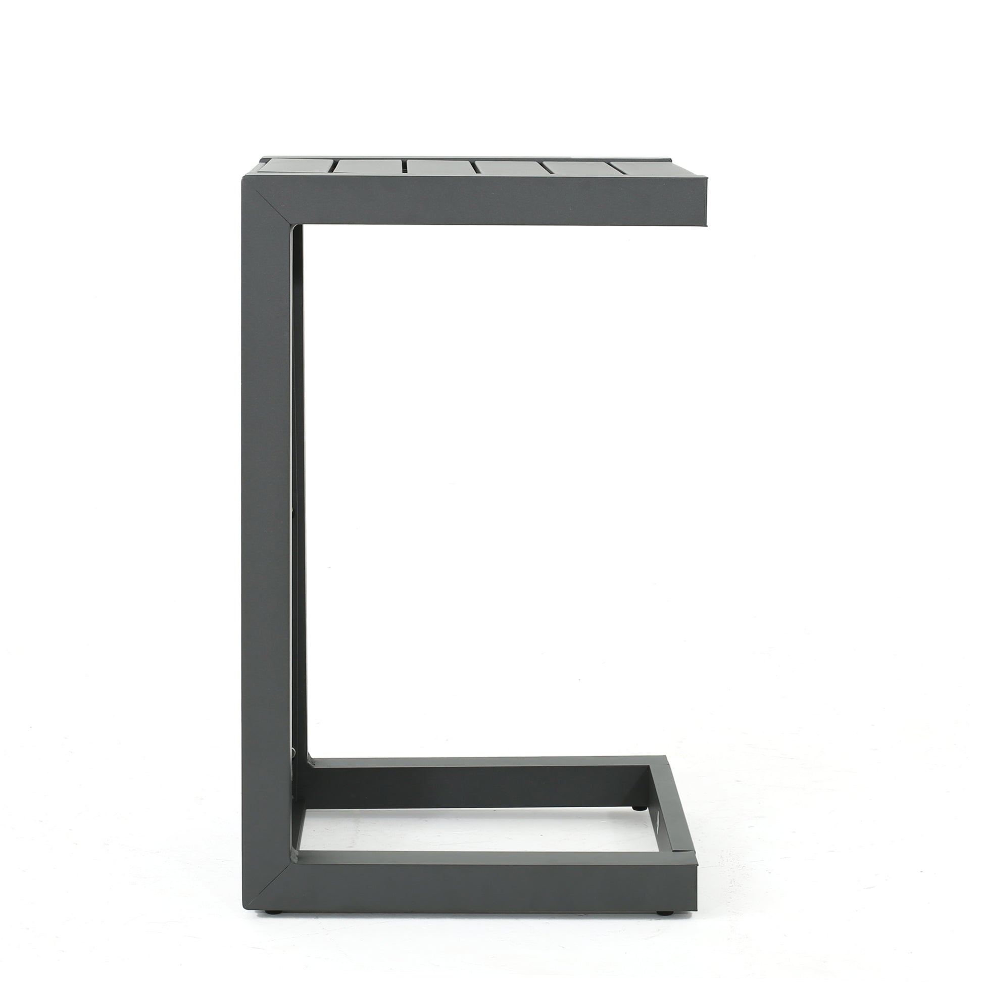 Dark gray modern Cshaped end table with slatted top