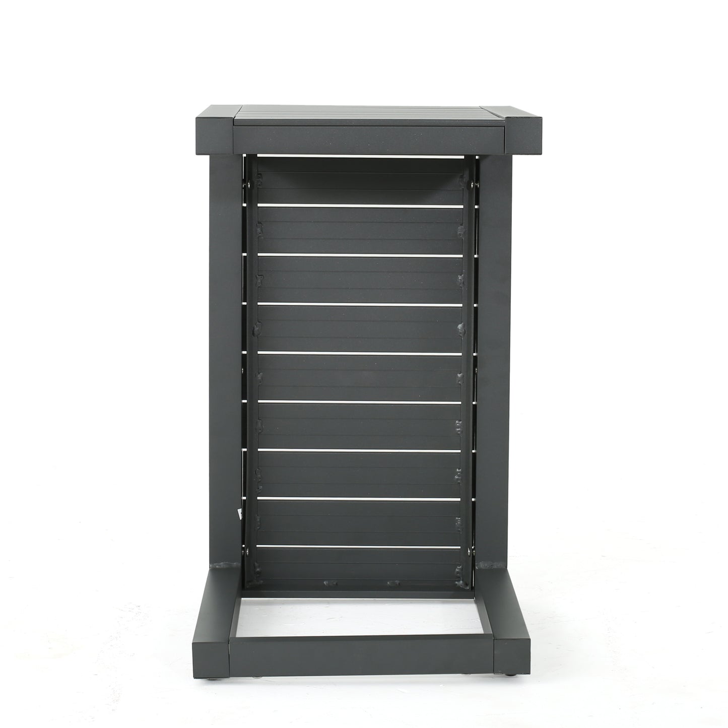 Dark gray metal outdoor side table with slatted design and square base