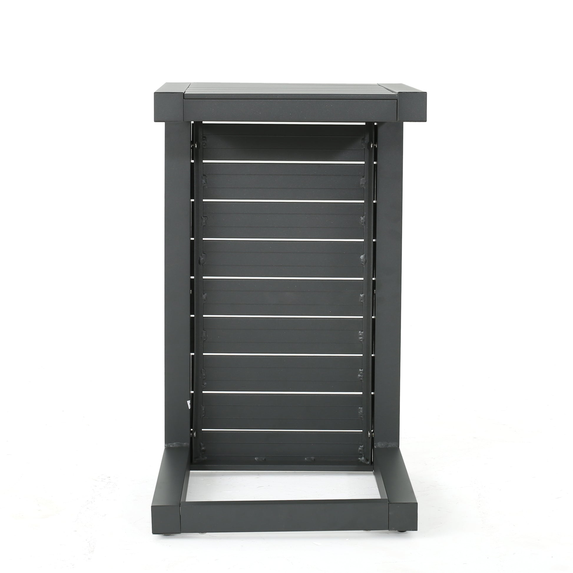 Dark gray metal outdoor side table with slatted design and square base