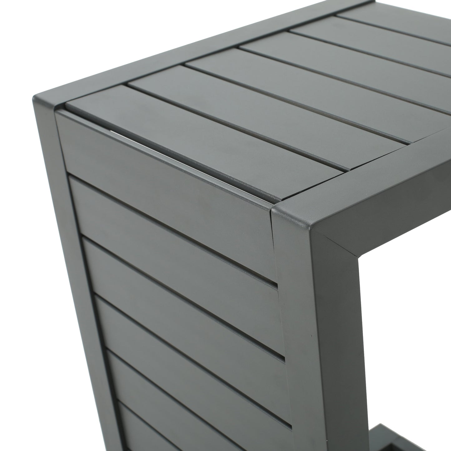 Closeup of a dark gray modern slat design side table