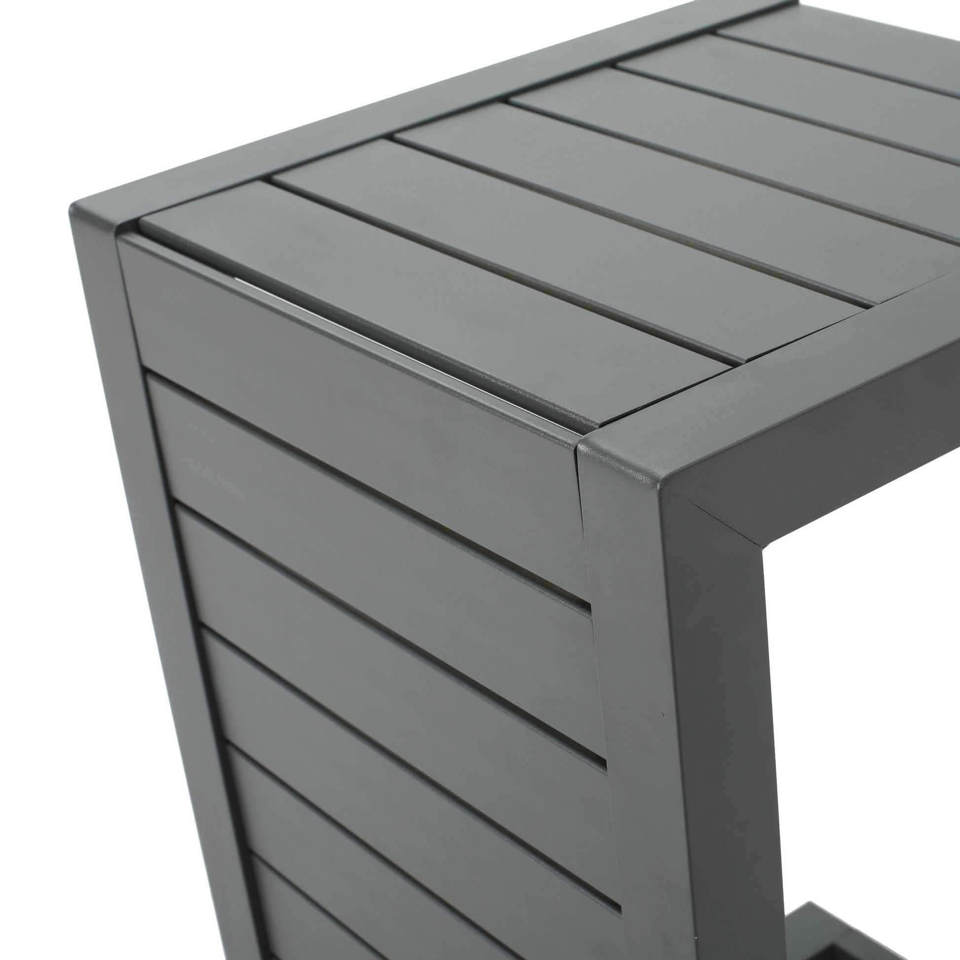 Closeup of a dark gray modern slat design side table