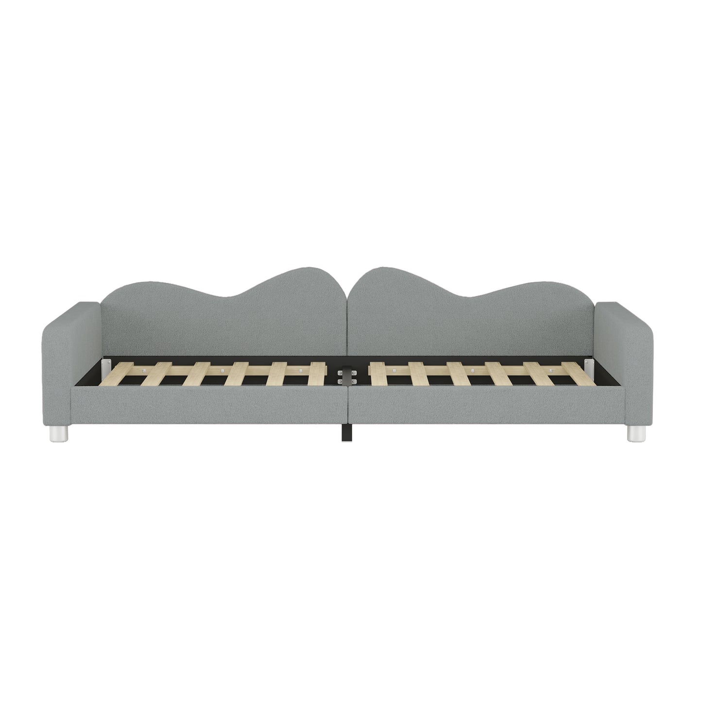 Gray fabric upholstered twin daybed with scalloped headboard and wooden slats for mattress support