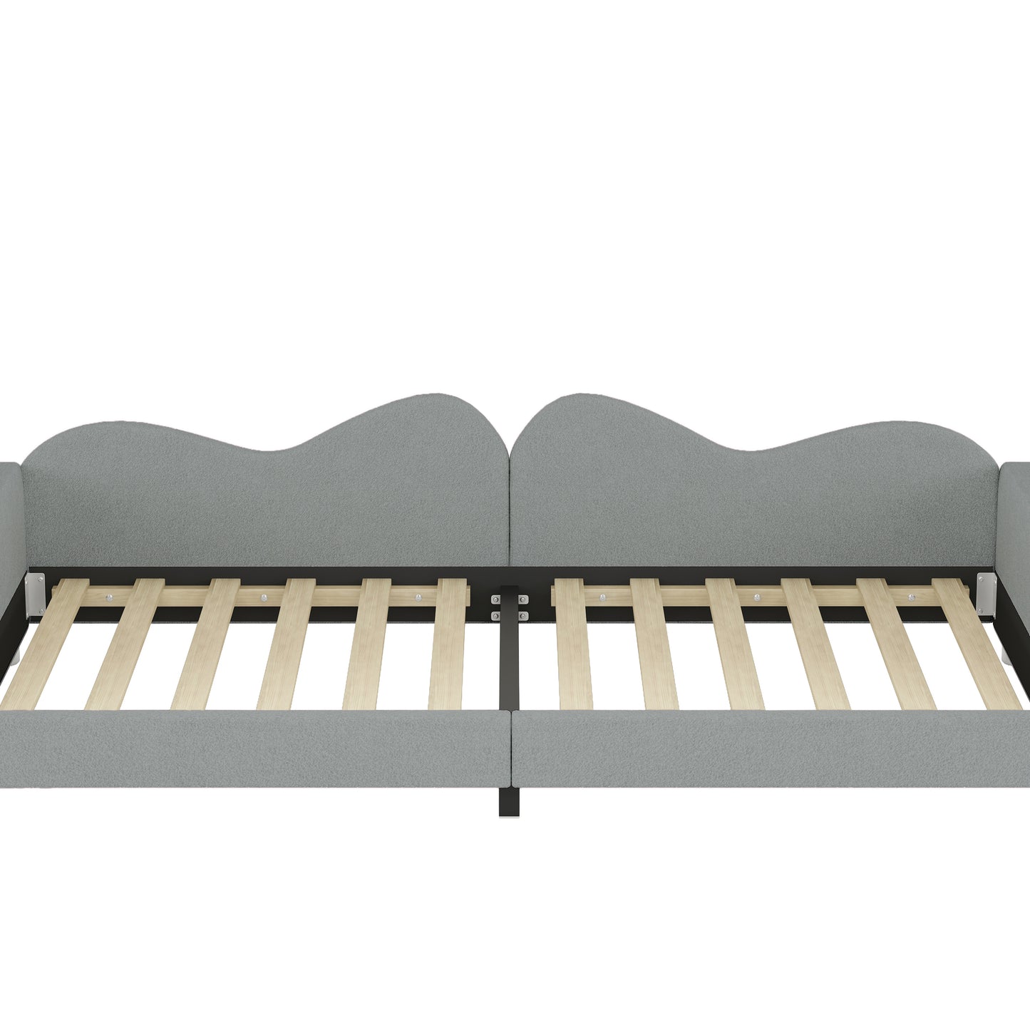 Gray fabric daybed with a waveshaped back and wooden slats