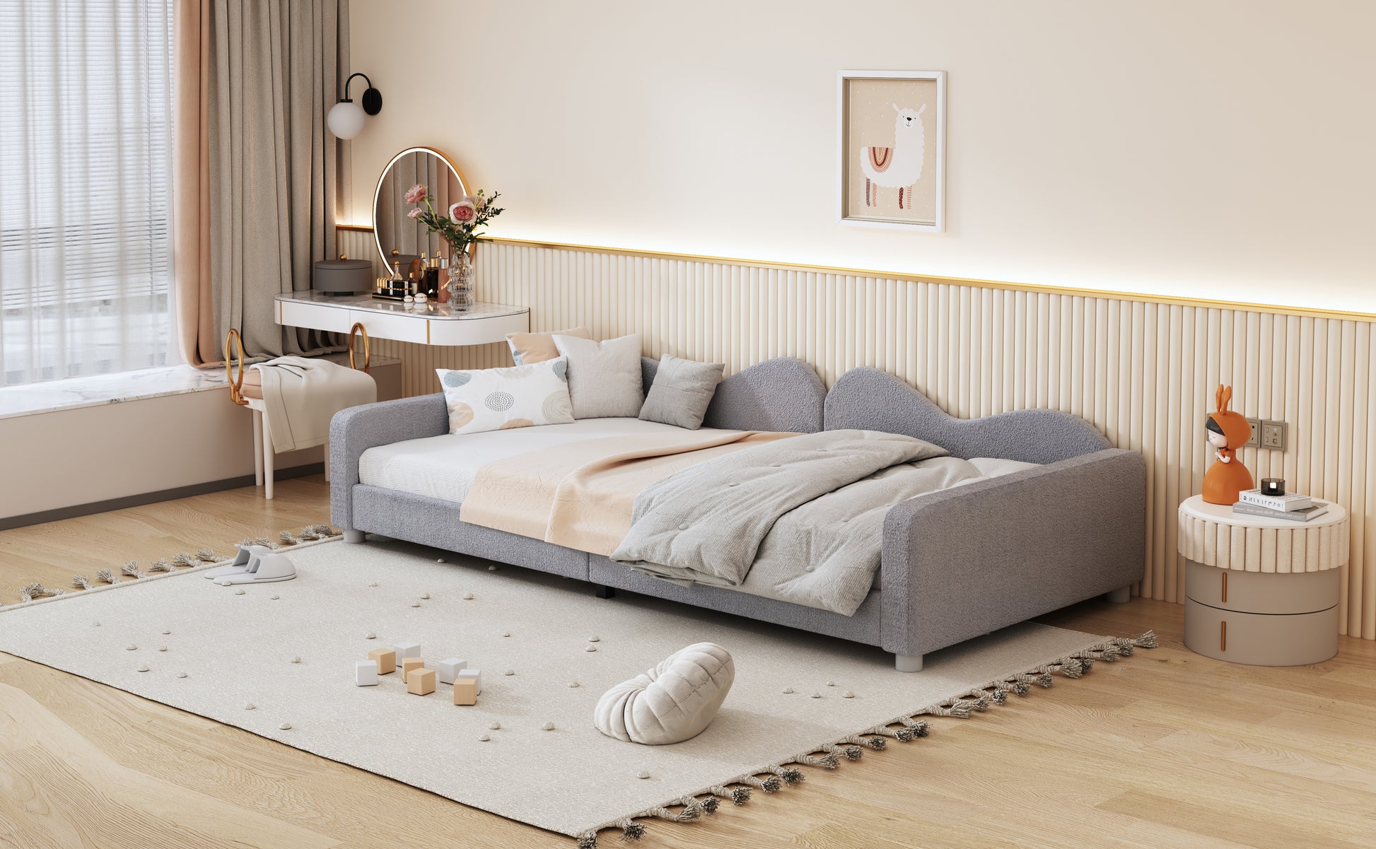 Gray fabric twin daybed with plush textured upholstery and waveshaped arms