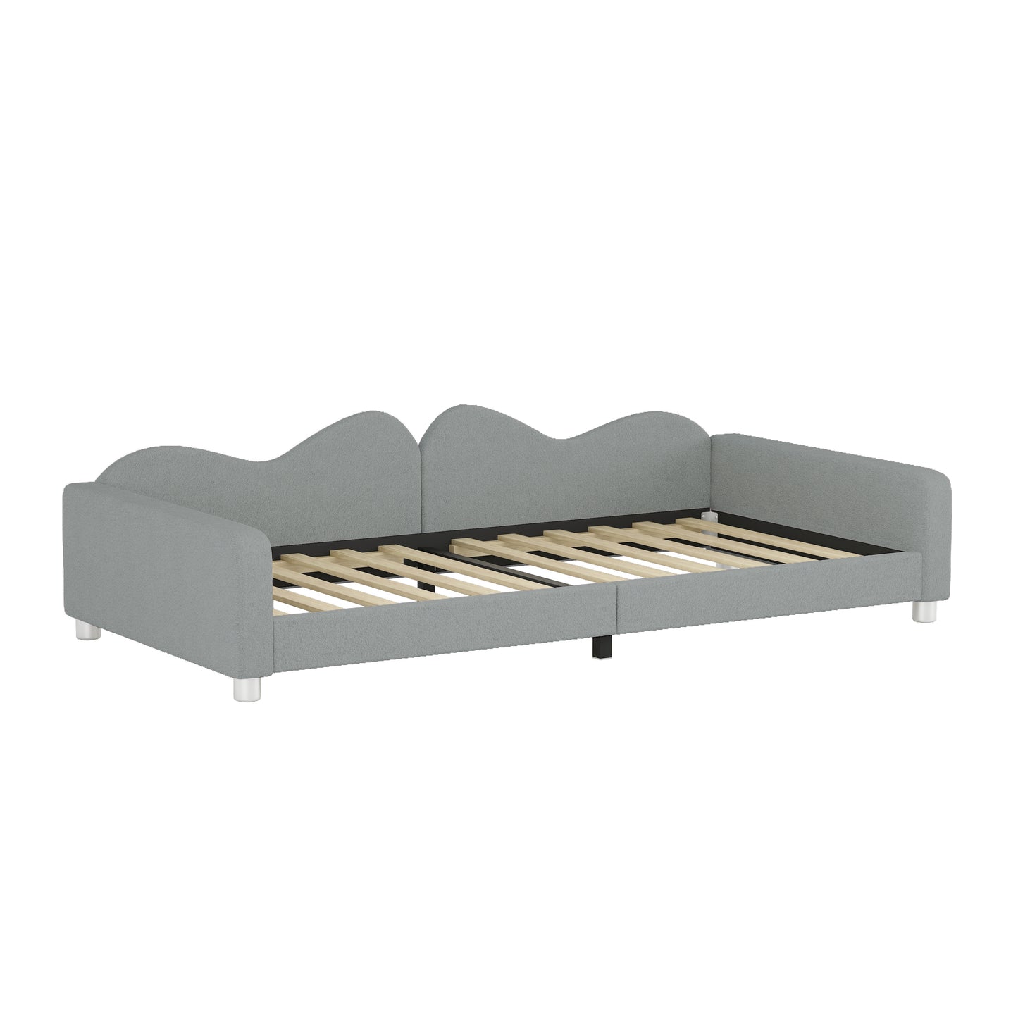 Grey fabric daybed with wavy backrest and wooden slats