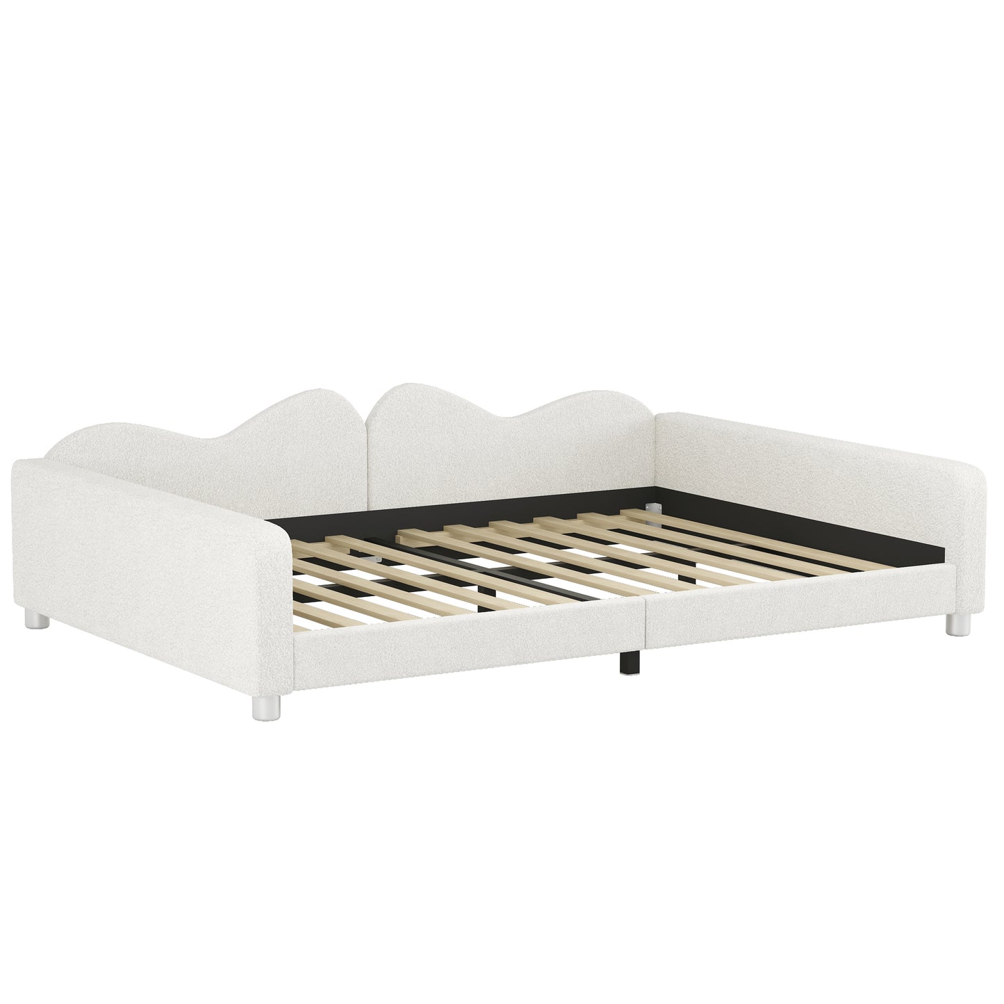 White upholstered daybed with waveshaped backrests and wooden slats for mattress support