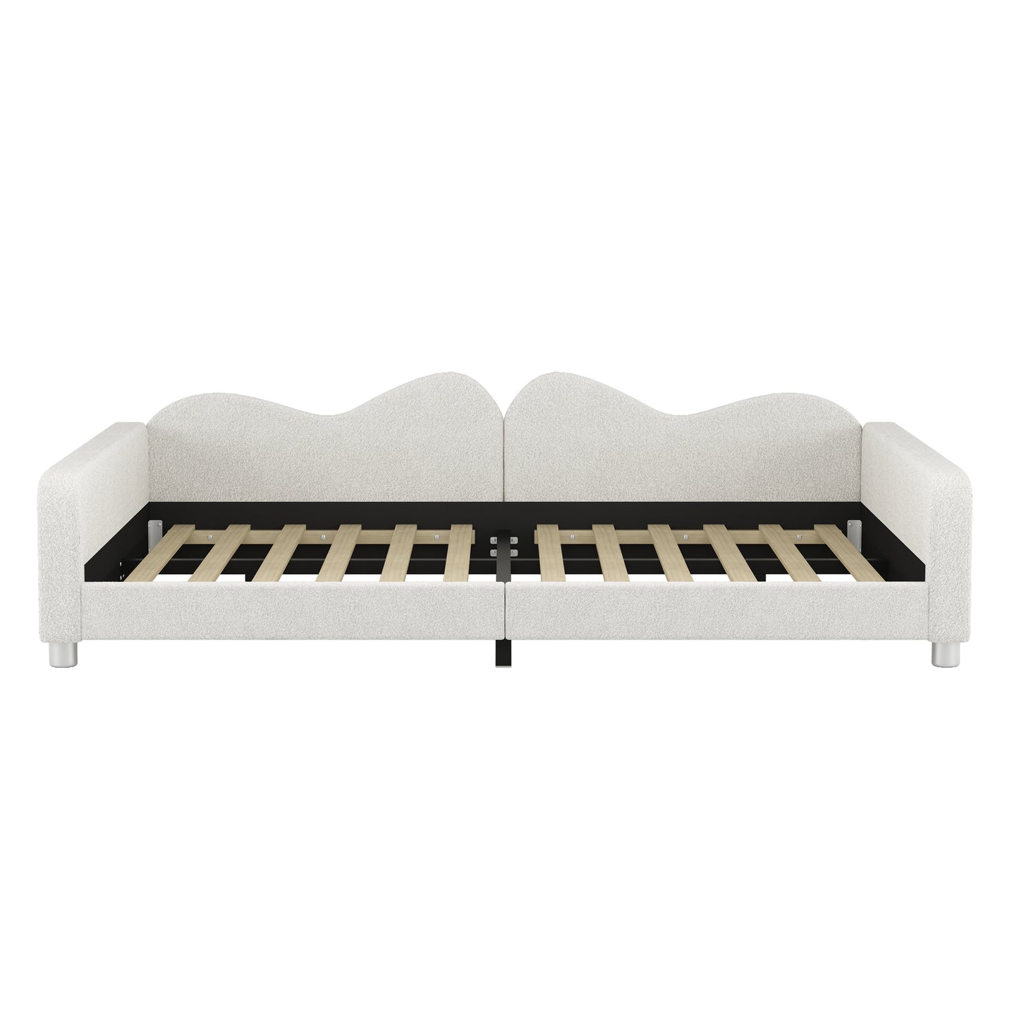 Cream boucl fabric daybed with unique waveshaped headboard and slatted bed base