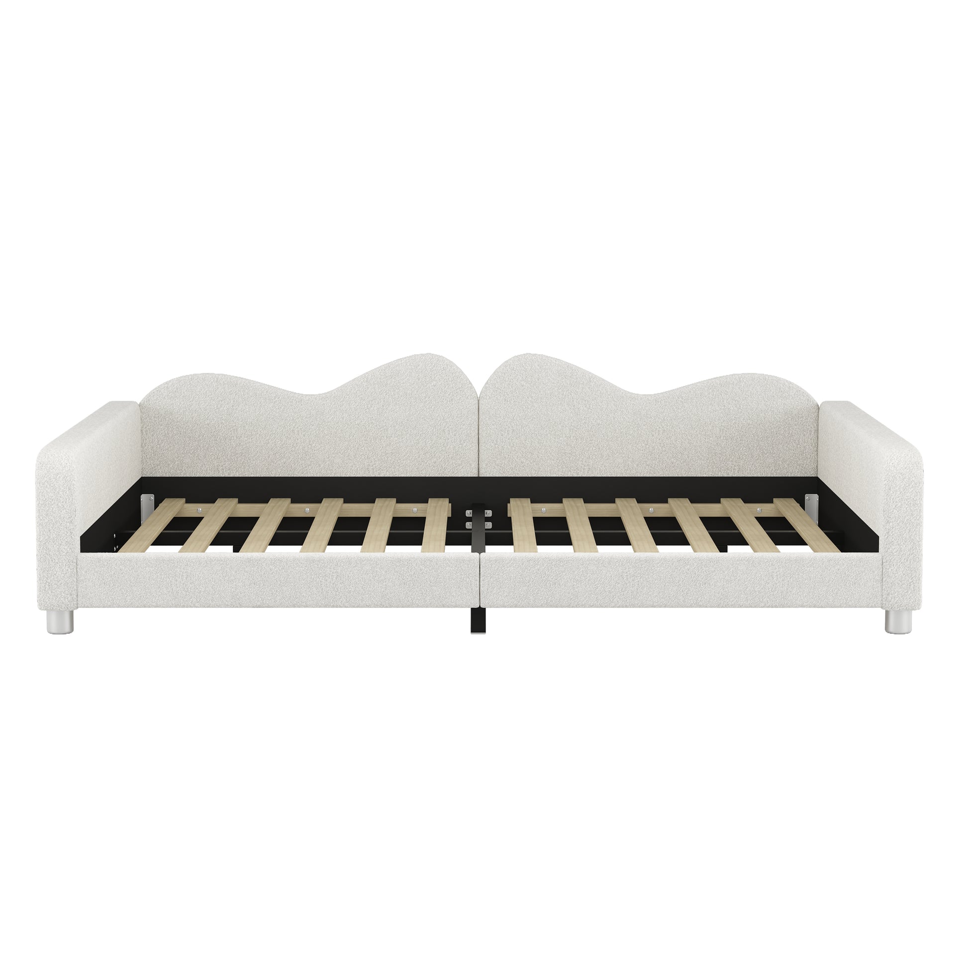 Cream boucl fabric daybed with unique waveshaped headboard and slatted bed base