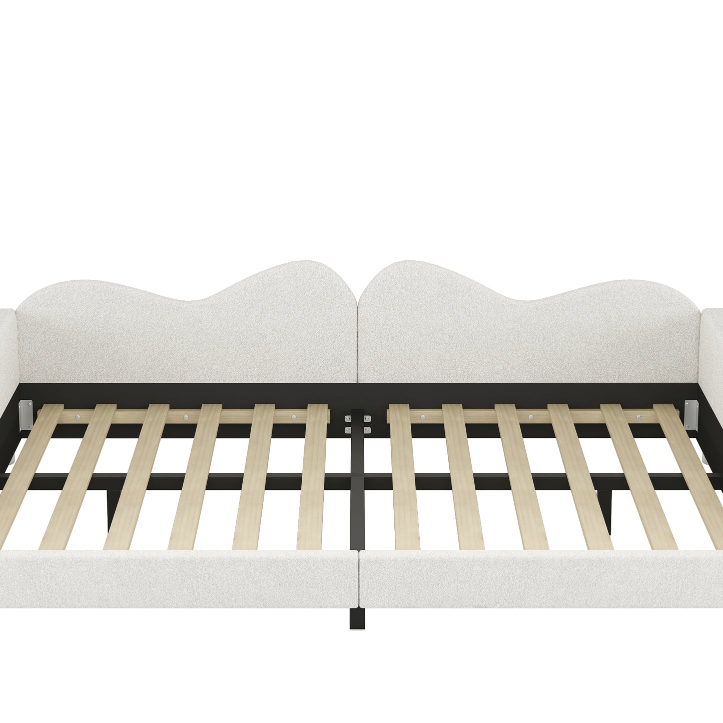 Cream upholstered daybed frame with wooden slats