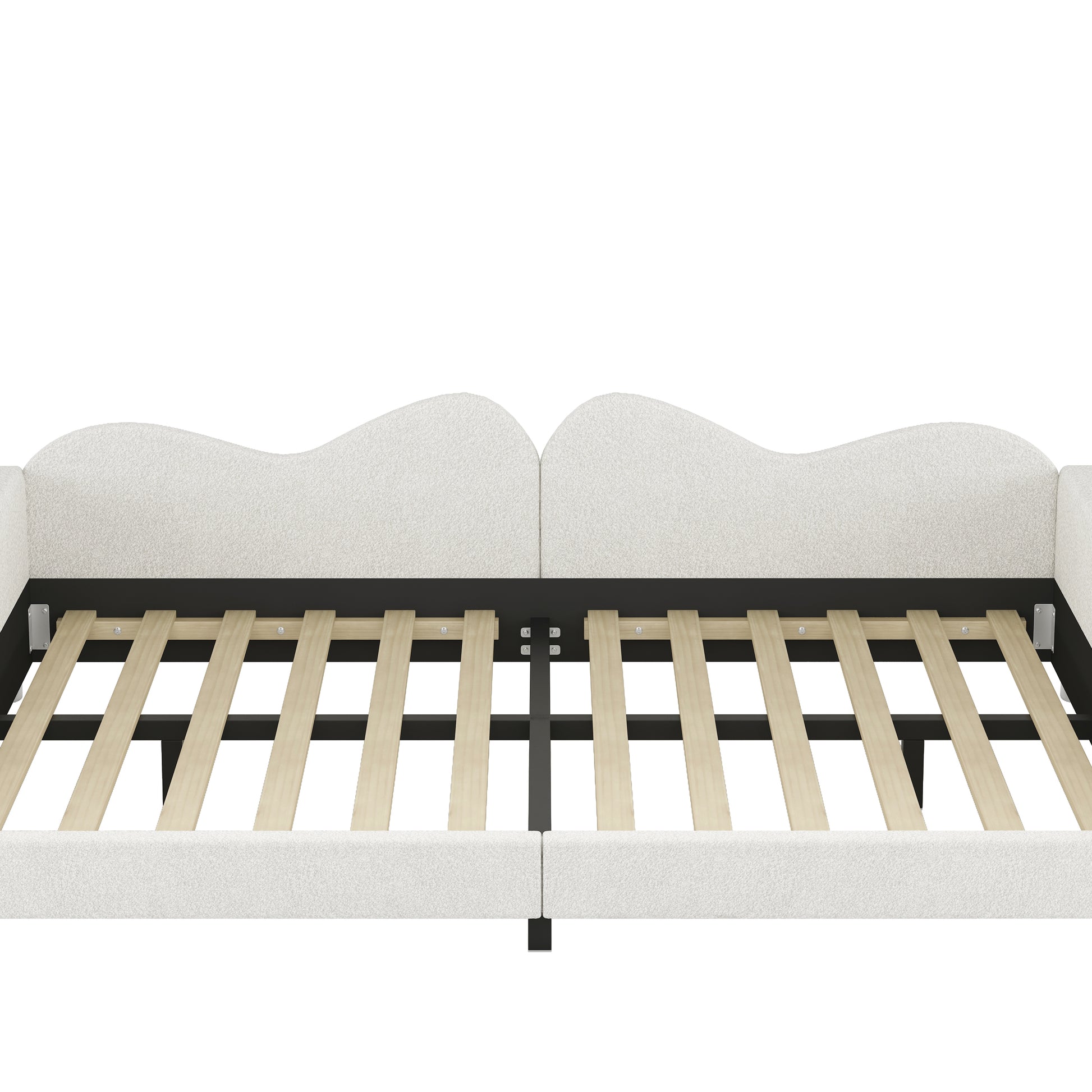 Cream upholstered daybed frame with wooden slats