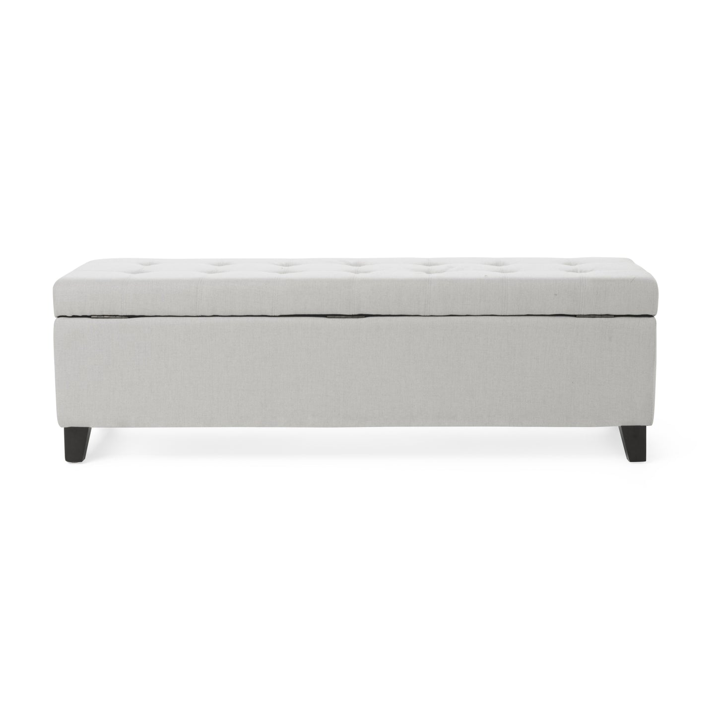 Light gray tufted storage ottoman with dark wooden legs