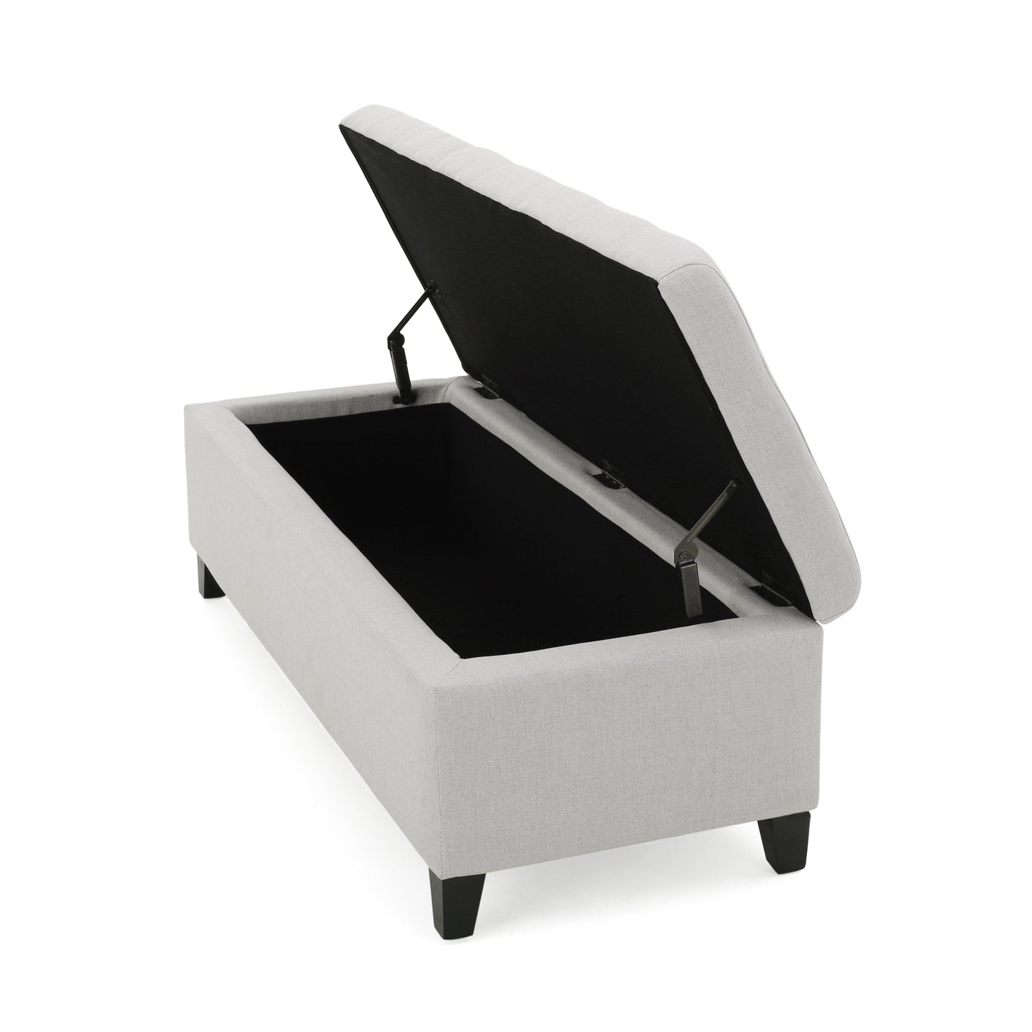 Light grey upholstered storage bench with lid open revealing dark interior