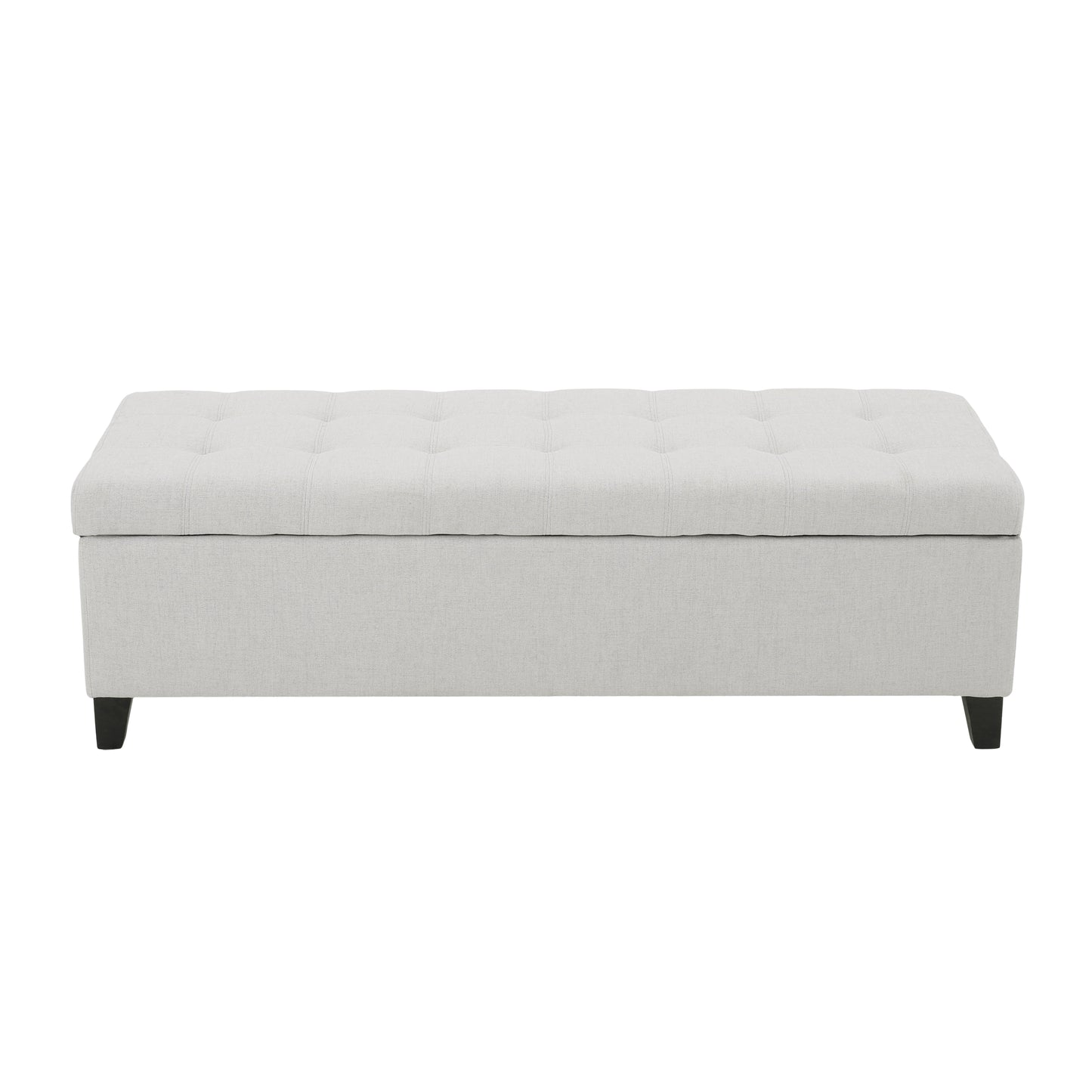 Tufted linen storage ottoman in light grey with dark wooden legs