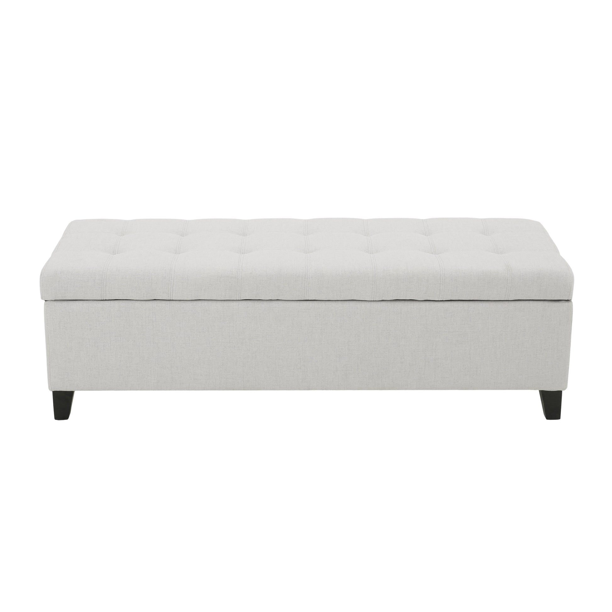 Tufted linen storage ottoman in light grey with dark wooden legs