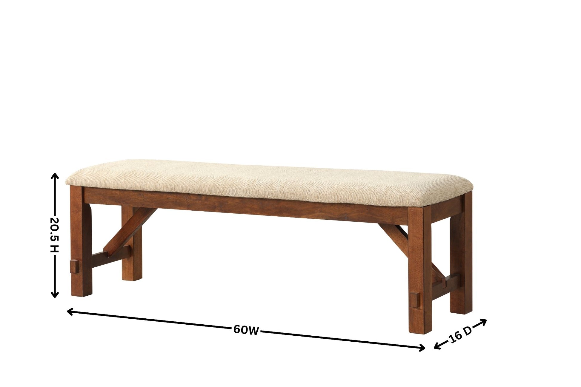 Wooden bench with beige upholstered seat