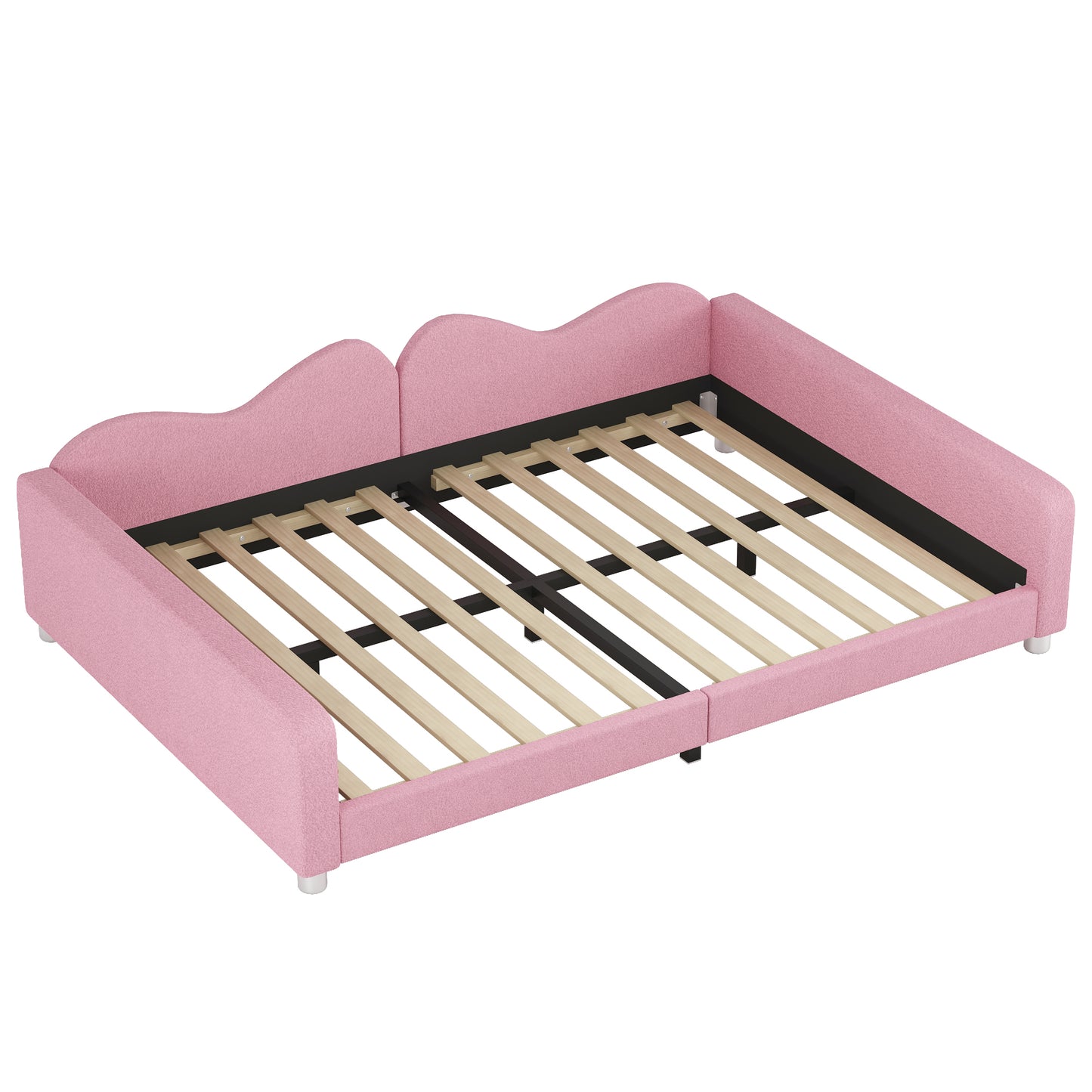 Pink upholstered toddler bed frame with wavy headboard and wooden slats