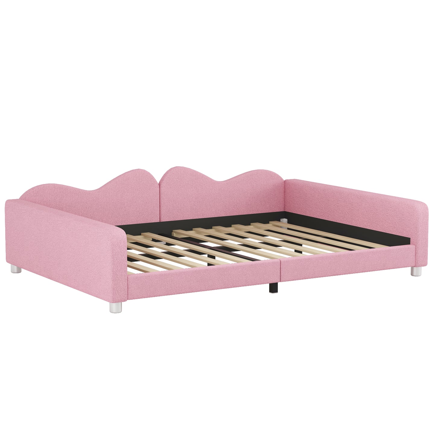 Pink upholstered twin bed frame with waveshaped headboard and slats