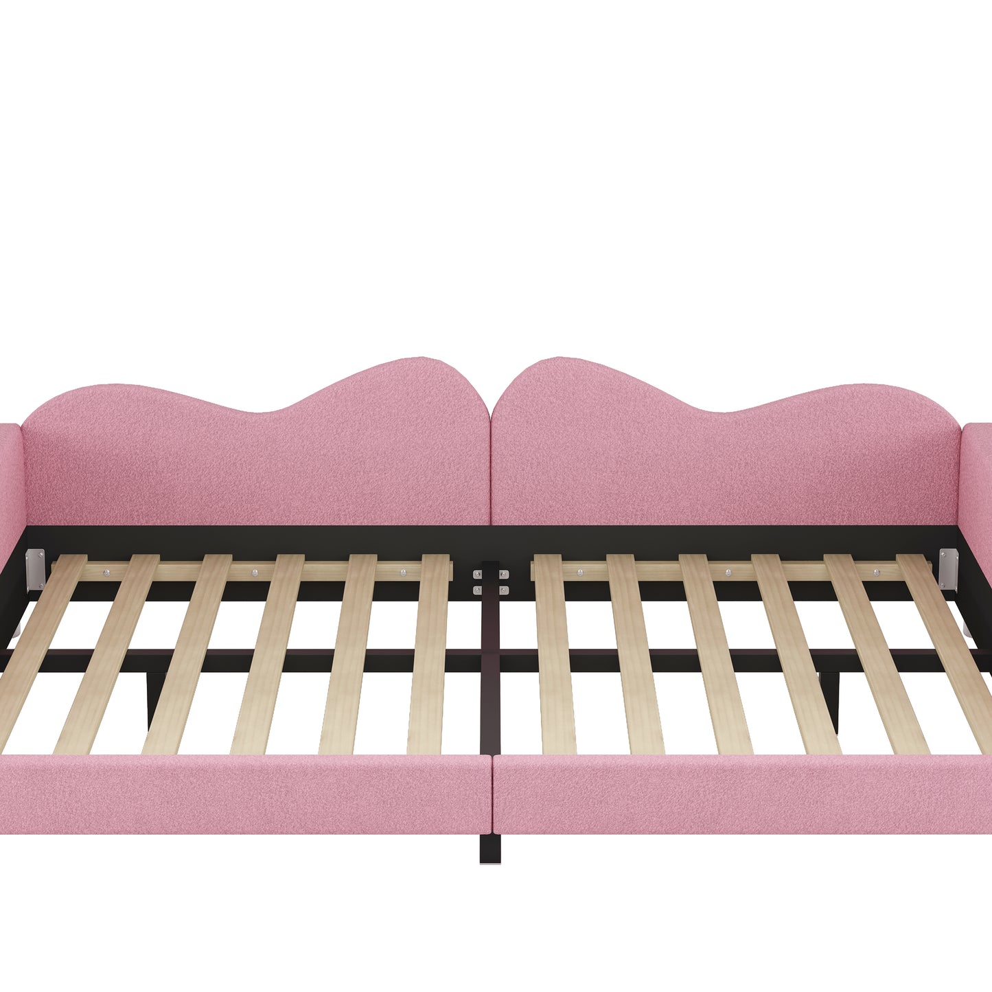 Closeup of a pink upholstered bed frame with wooden slats