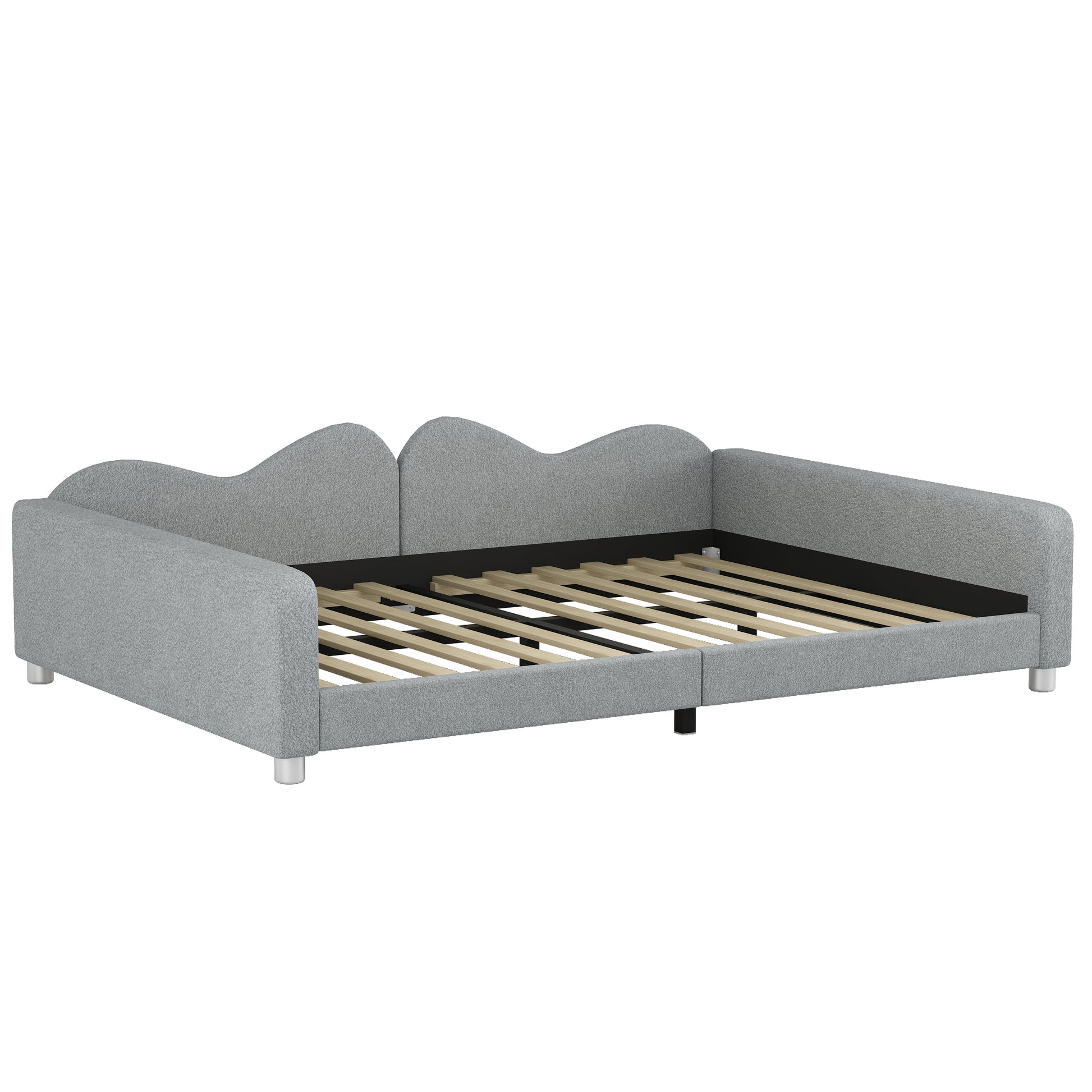 Grey upholstered platform bed frame with curved headboard and slatted support