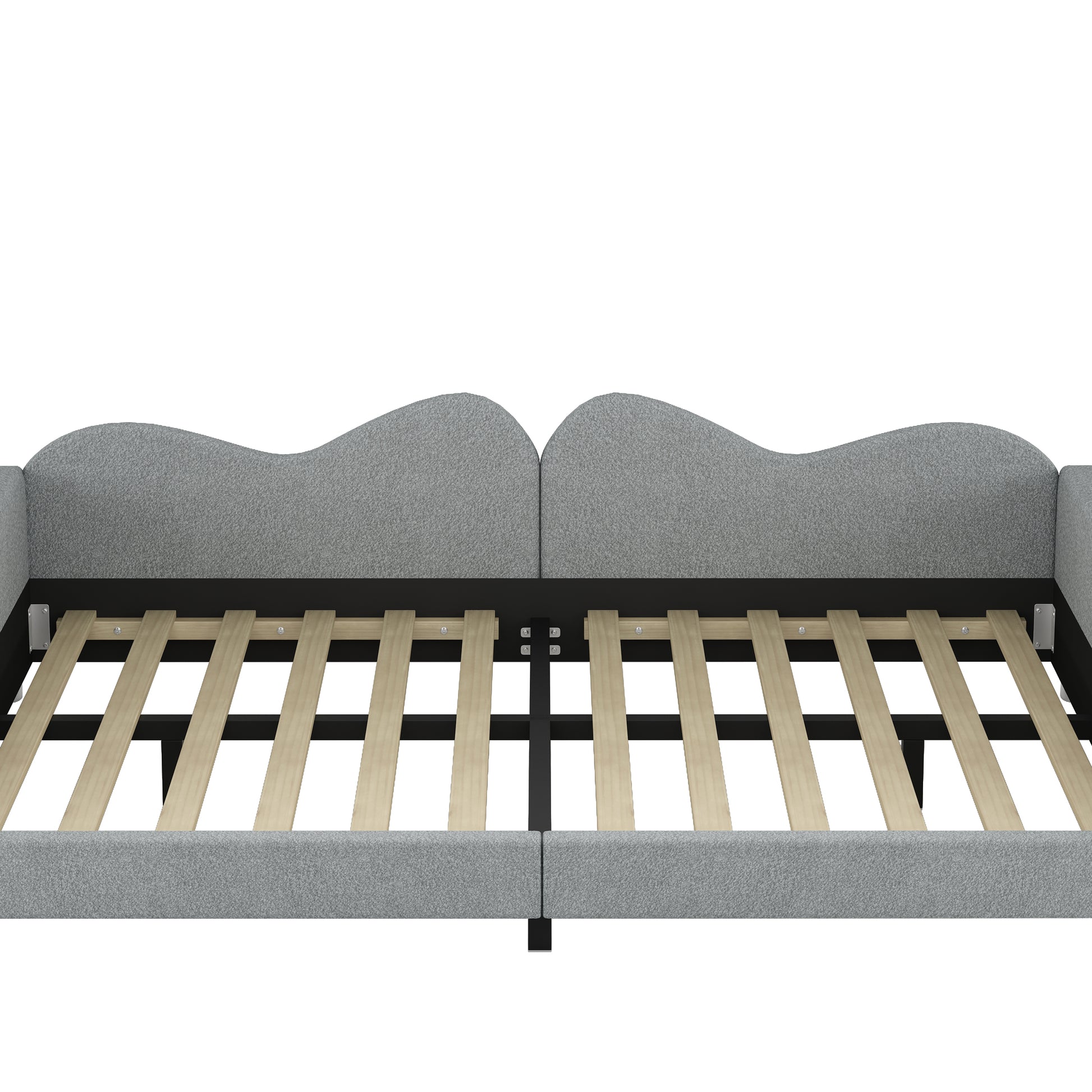 Gray upholstered bed frame with wooden slats