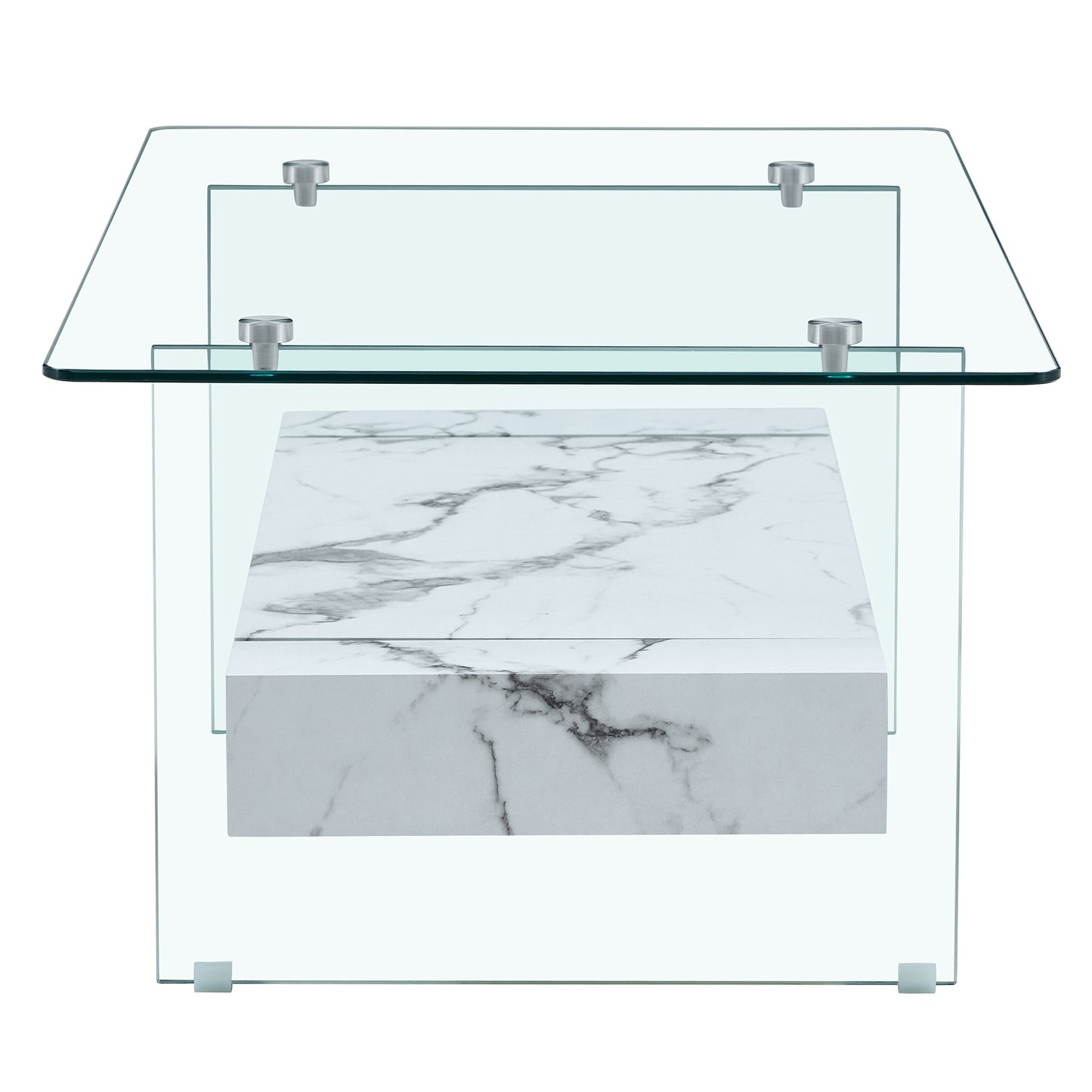 Modern clear glass coffee table with white marble shelf and chrome accents
