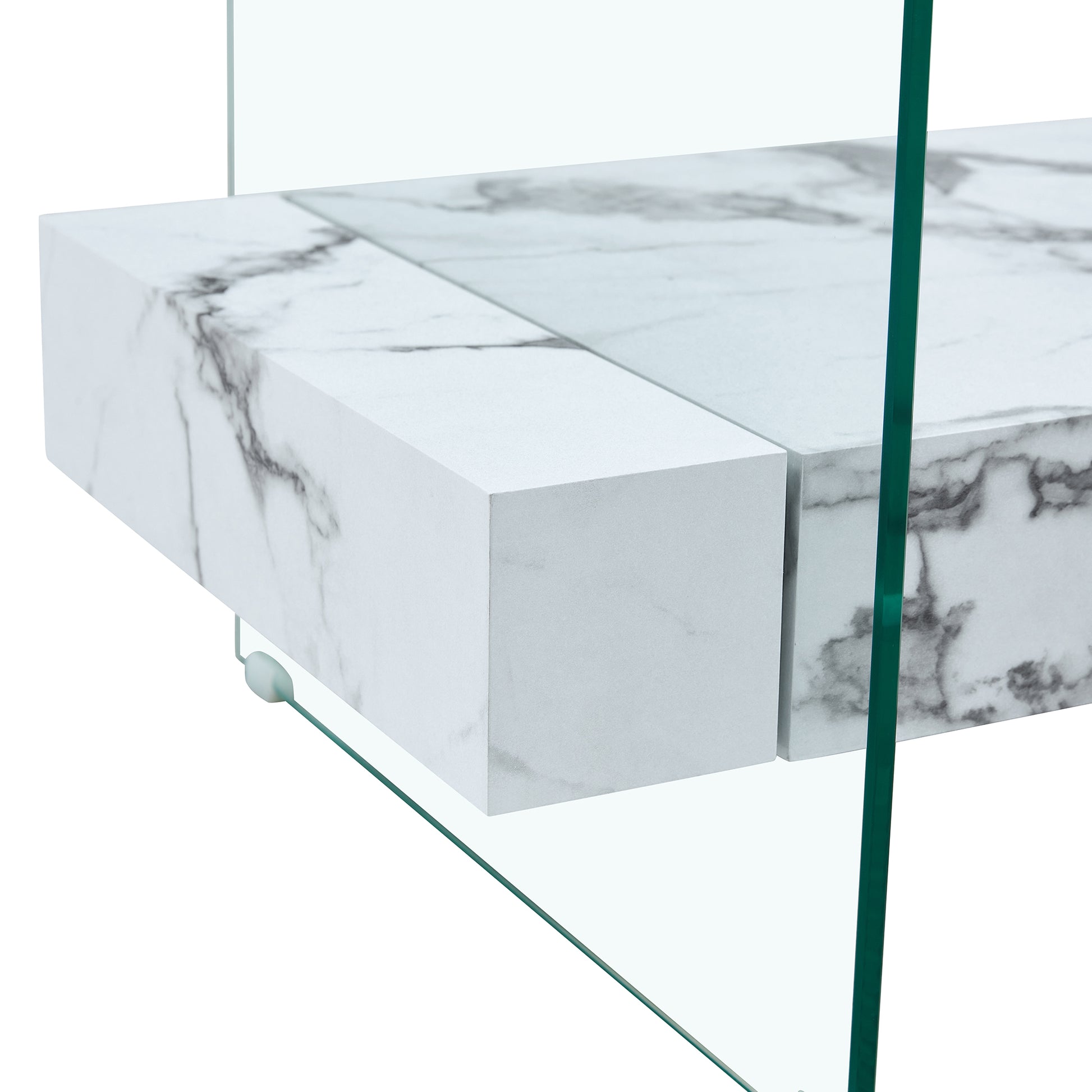 White marble effect shelf with subtle gray veining and clear glass side panel