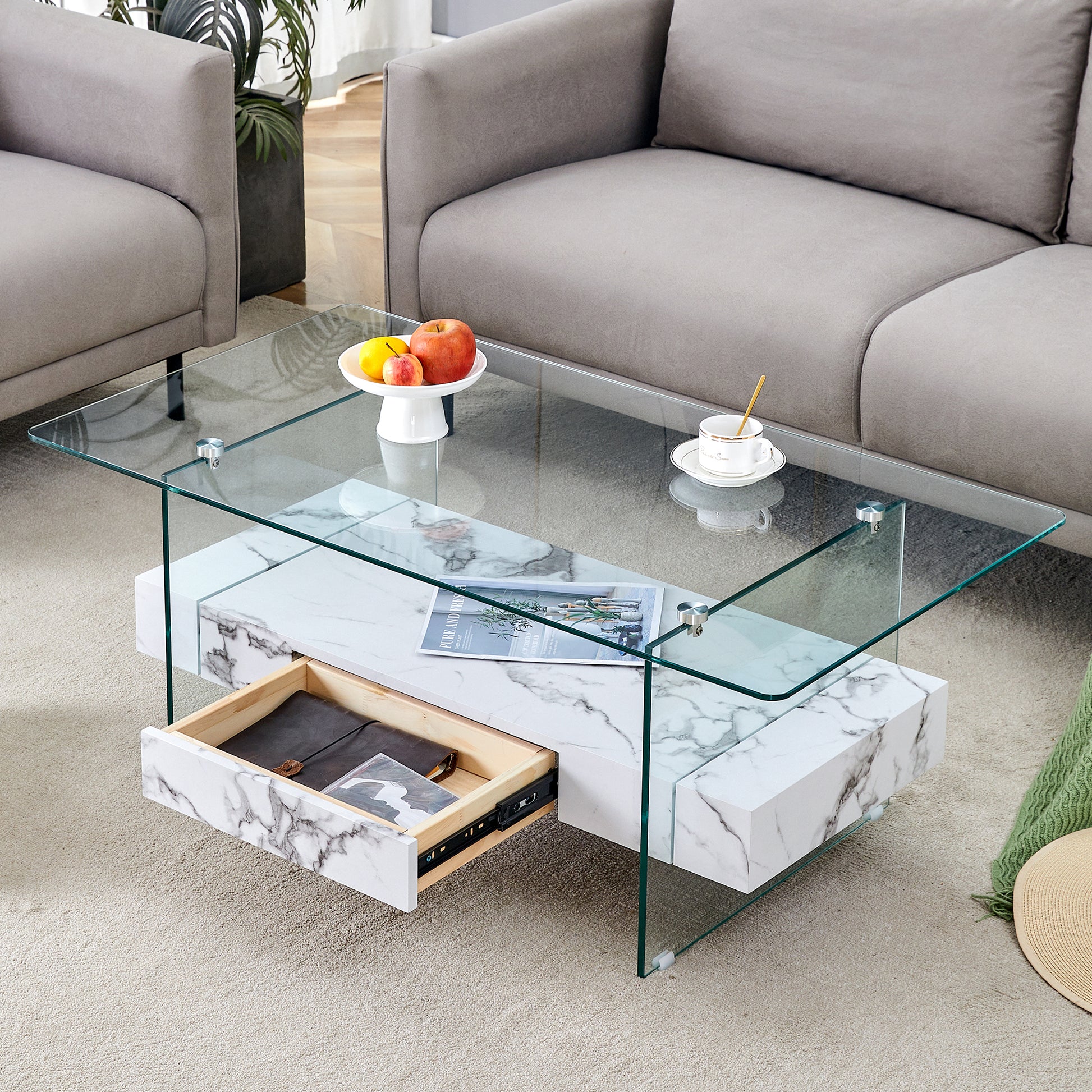 Modern glass coffee table with marble drawers and storage