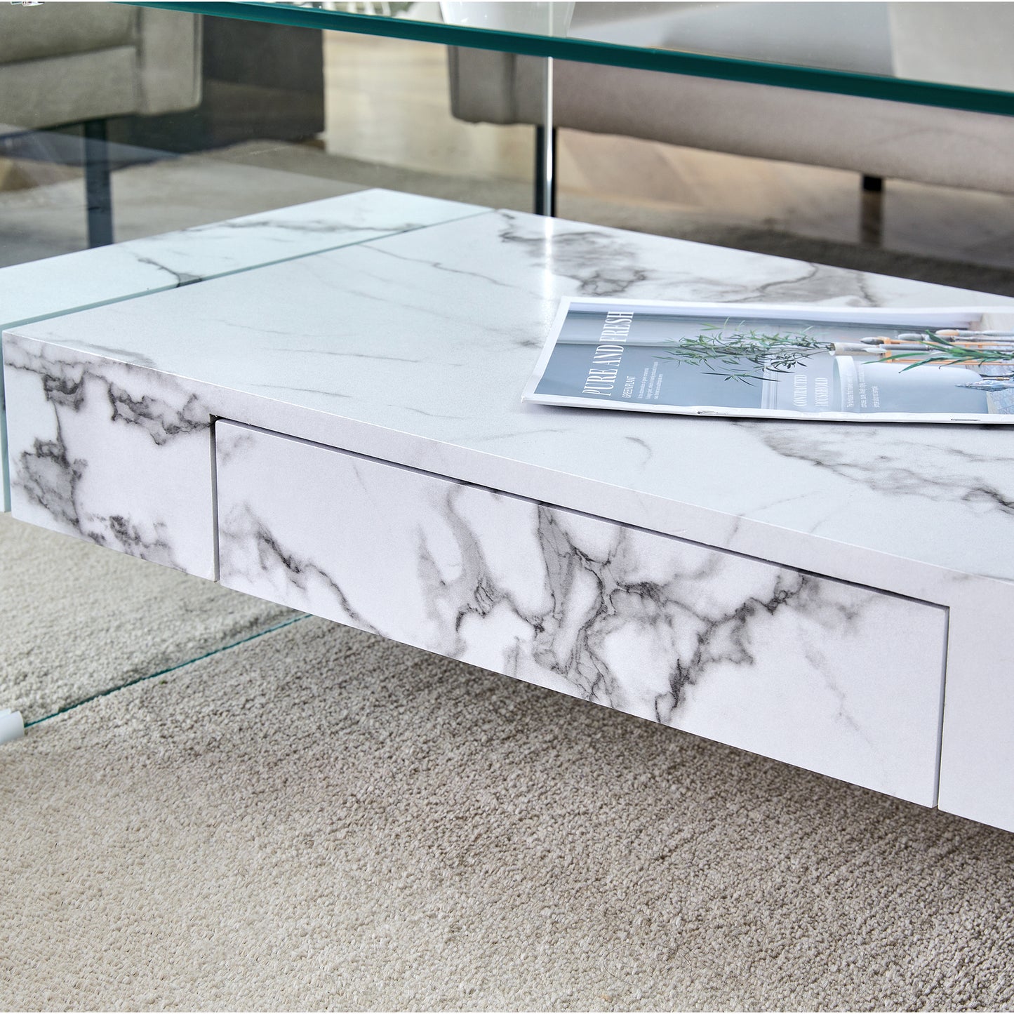 Modern marble coffee table with floating drawer design